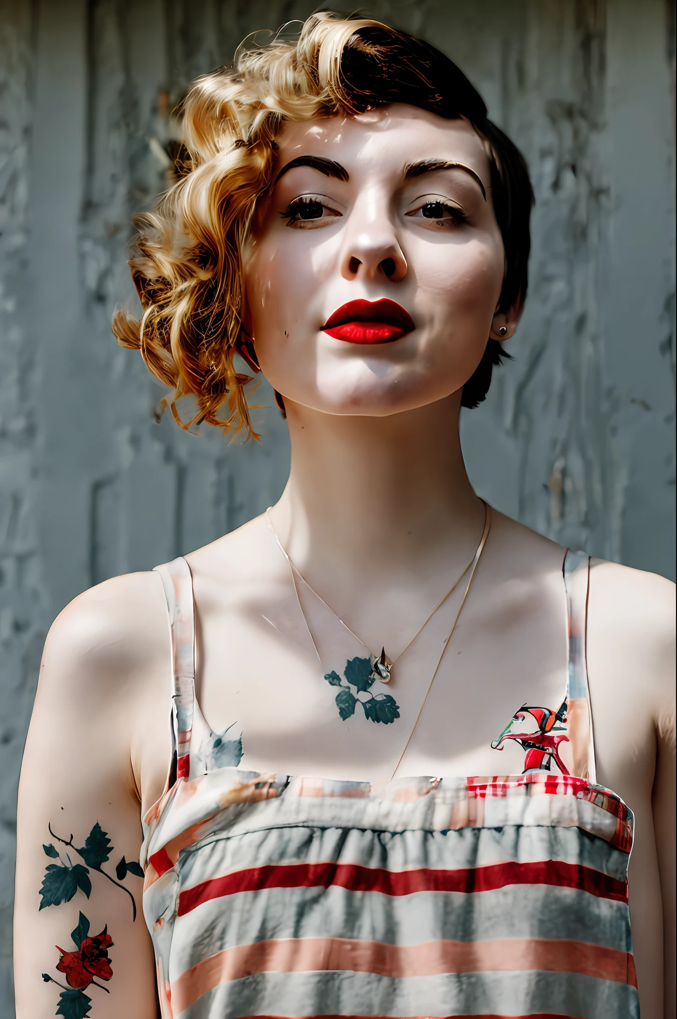 a girl with pale skin tattoos and red lipstick and short hair photorealistic high quality