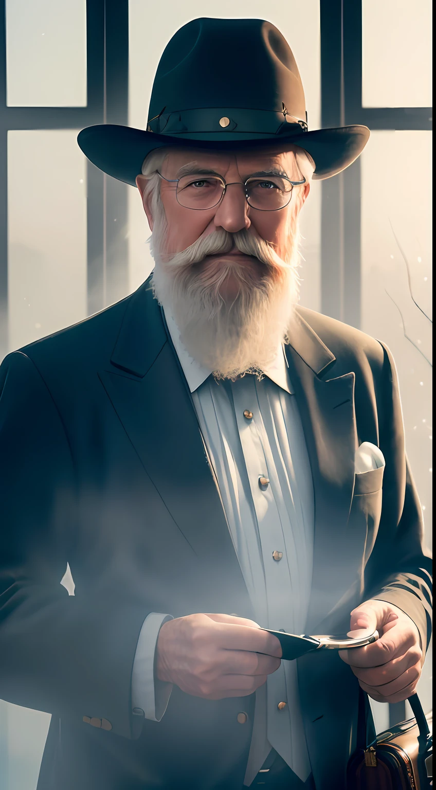 portrait of elderly english man in suit with trimmed white beard, smirking at camera, briefcase in hand
(fantasy whimsical:1.4)
(photo photogenic photorealistic
misty foggy
dusk
reflections bloom glow hdr intricate detail 8k composition dof rule of thirds aesthetic sharp focus dof
:1.2)