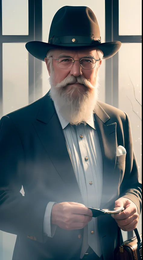 portrait of elderly english man in suit with trimmed white beard, smirking at camera, briefcase in hand
(fantasy whimsical:1.4)
(photo photogenic photorealistic
misty foggy
dusk
reflections bloom glow hdr intricate detail 8k composition dof rule of thirds ...
