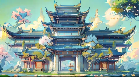 （（best qualtiy）），tmasterpiece，hyper-detailing，best qualityer，8k，antique game scene design，big trees，florals，lotus architecture，f...