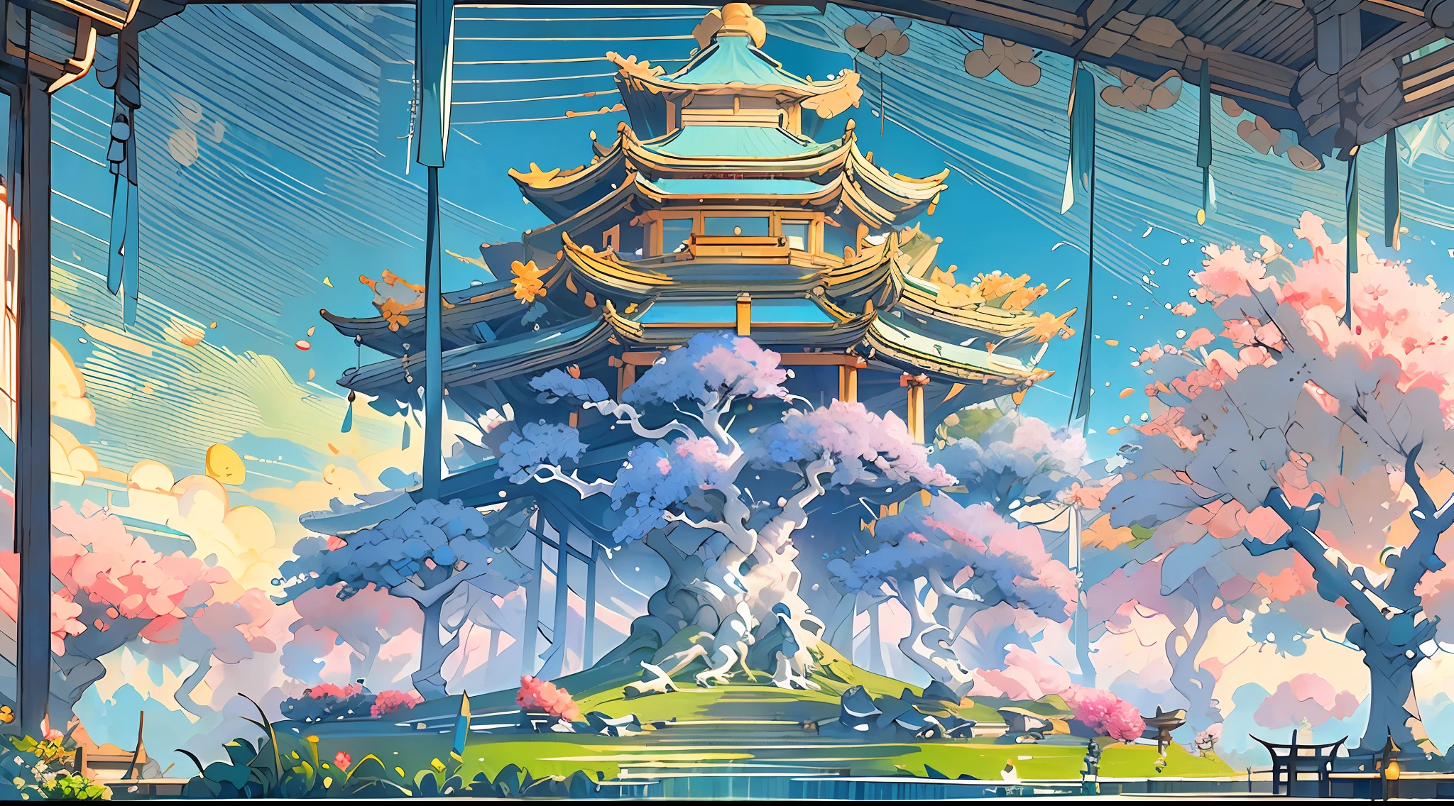 （（best qualtiy）），tmasterpiece，Hyper-detailing，best qualityer，8K，Antique game scene design，big trees，florals，Lotus architecture，Floating table，A blue sky，White cloud，Chinese ink painting OC rendering sculpture,（Very detailed CG unified 8K wallpaper），Ray traching