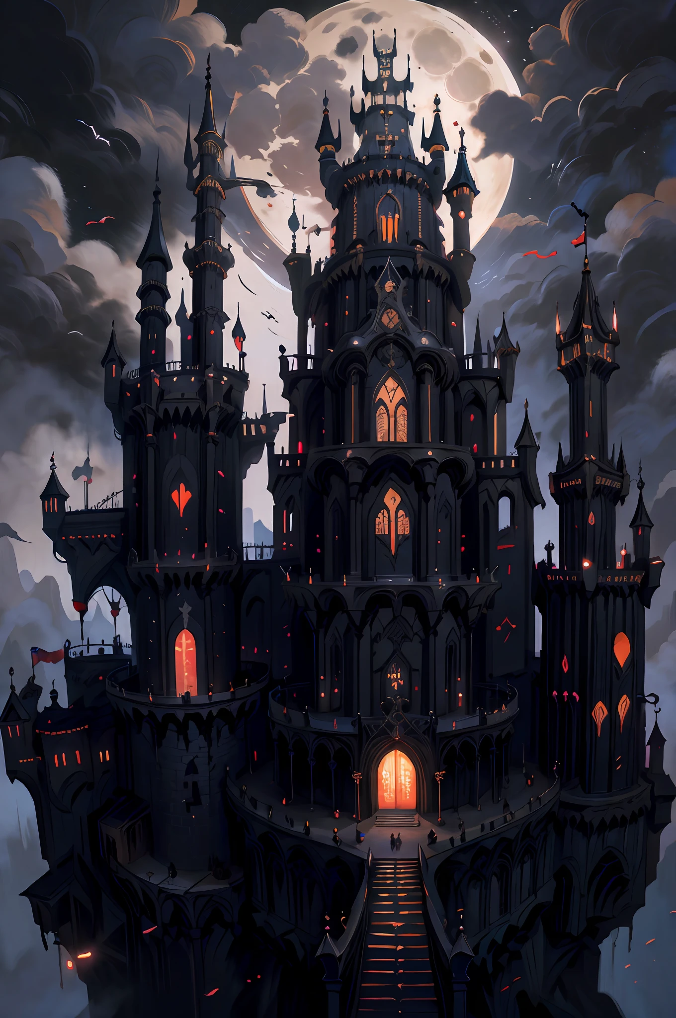 moon, black night, fantasy fortress,telephoto,atmospheric perspective, panorama, gothic building style castle,a castle on top of a mountain，Dark style, witch's castle