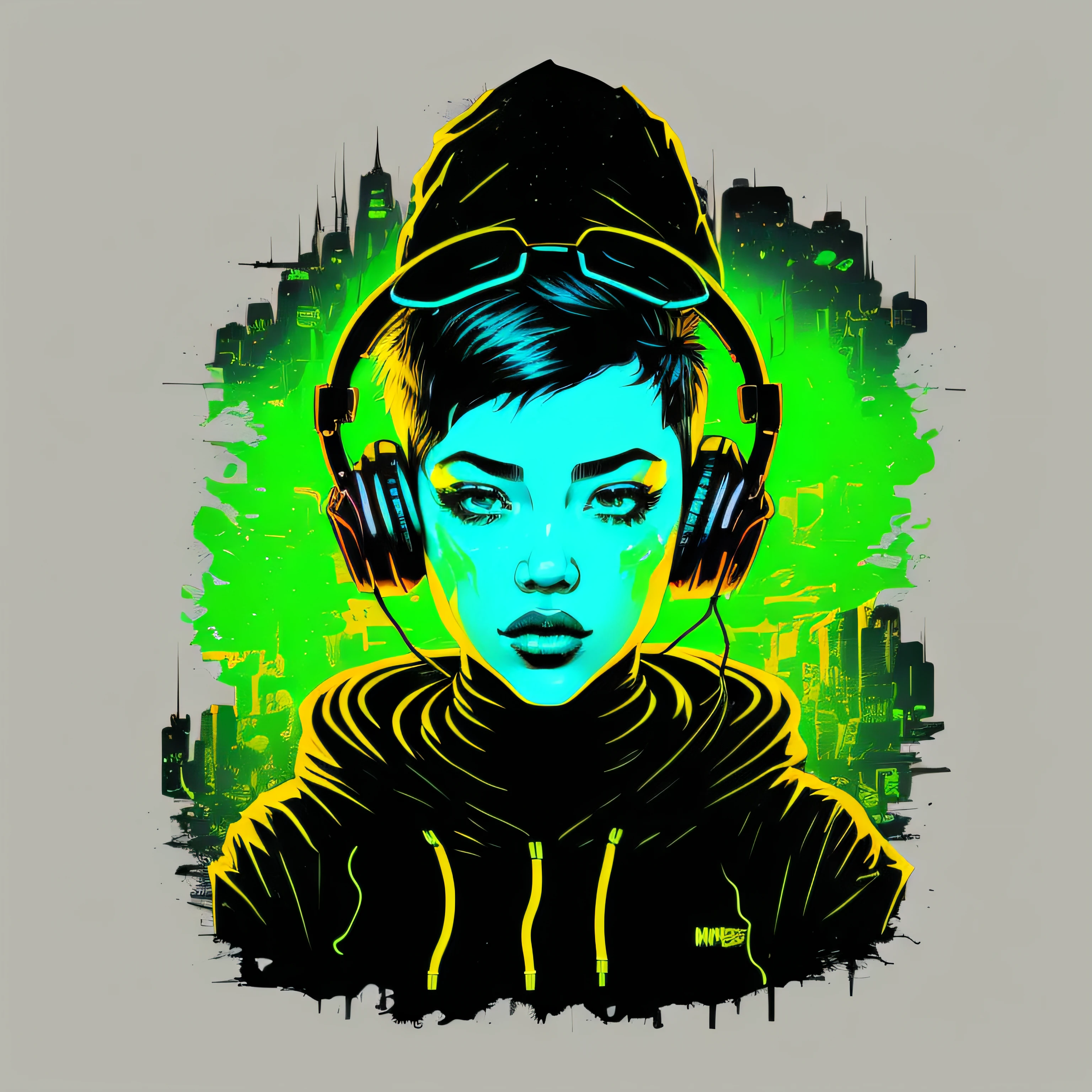 (masterpice) hooded cyberpunk teen with music headphones in the head and looking straight ahead,(green and black), (empty background :1.4), streetwear, colofull, outlined, centered, stunning illustration, wide shot, realistic, intricate, vibrant, extremely sharp, detailed, majestic, high resolution, as a t-shirt logo in the style of MAGIFACTORY