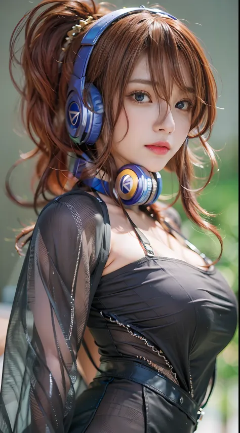 （（dressed casually、Long、Long bangs、red hair、eBlue eyes、Colorcon、Big blue headphones around your neck））、（NSFW、8K、RAW photography、...