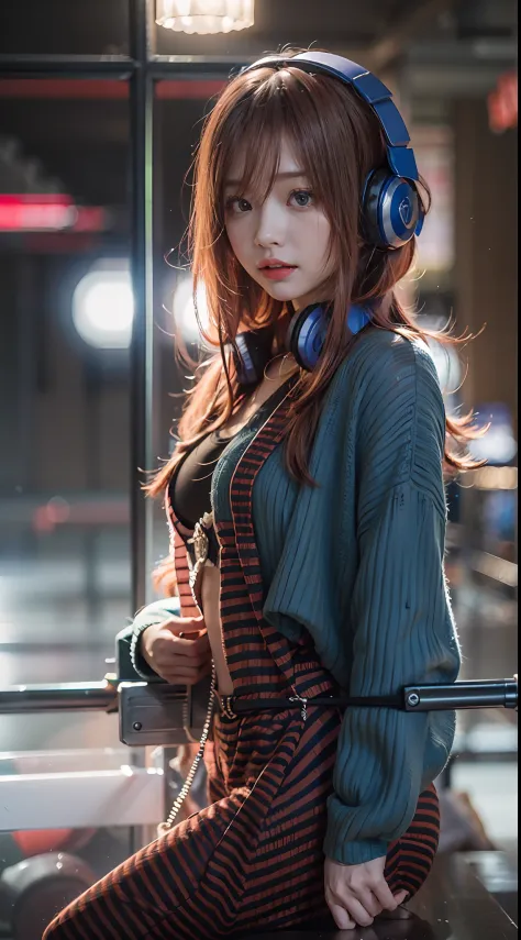 （（dressed casually、Long、Long bangs、red hair、eBlue eyes、Colorcon、Big blue headphones around your neck））、（NSFW、8K、RAW photography、...