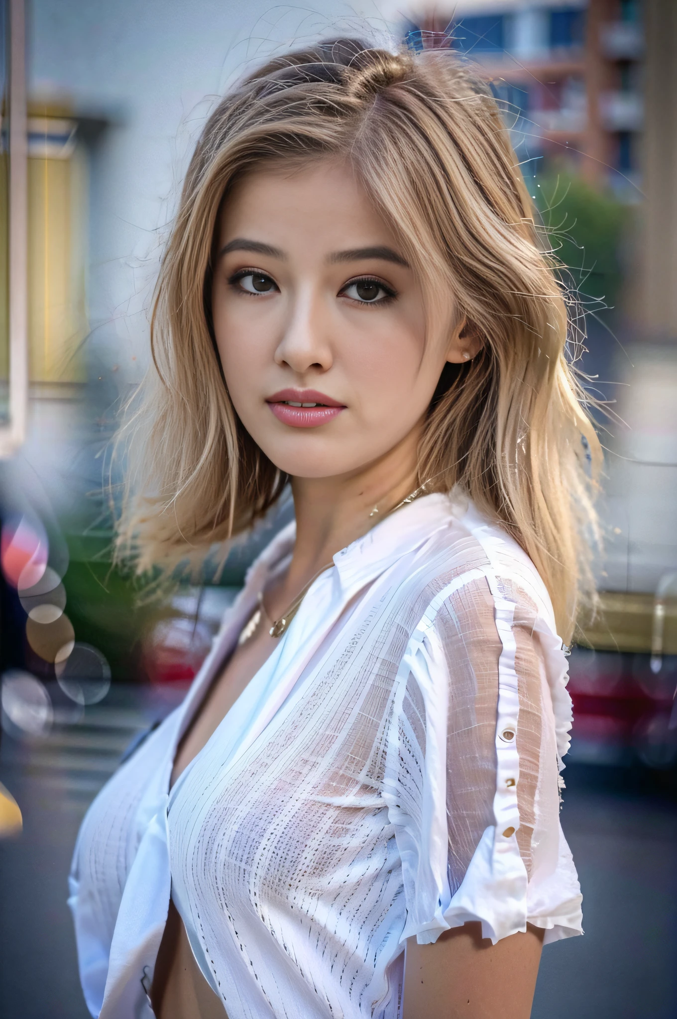 (Photorealistic: 1.8),
Woman close-up, ash blonde hair, A-line haircut, transparent blouse,
very detailed clothes, large areolas,
Model shot as fashion model, random people on city streets, like Instagram posts