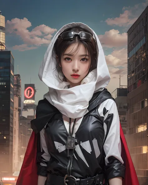 Bad ass girl in future city, oversize shirt with hood, cyborg arms, neckleace, goggles, long scarf, cape, rooftop, cityscapes, m...
