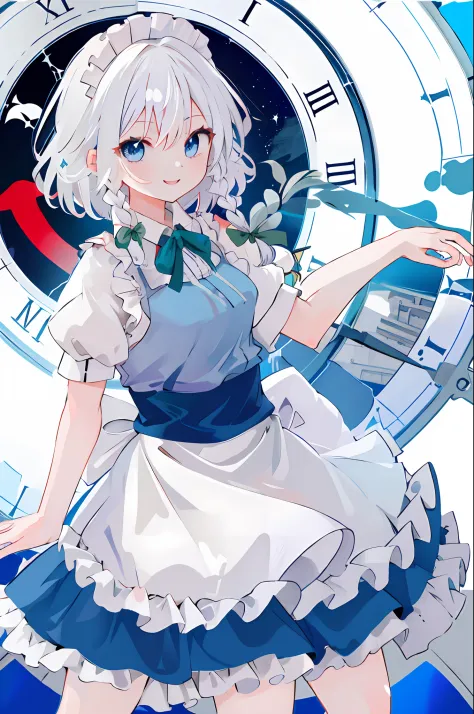 ​masterpiece, top-quality, Hi-Res, 1girl in, 独奏, sakuya1, Maids, blue eyess, white  hair, middlebreast, a smile, skirt by the,[[...