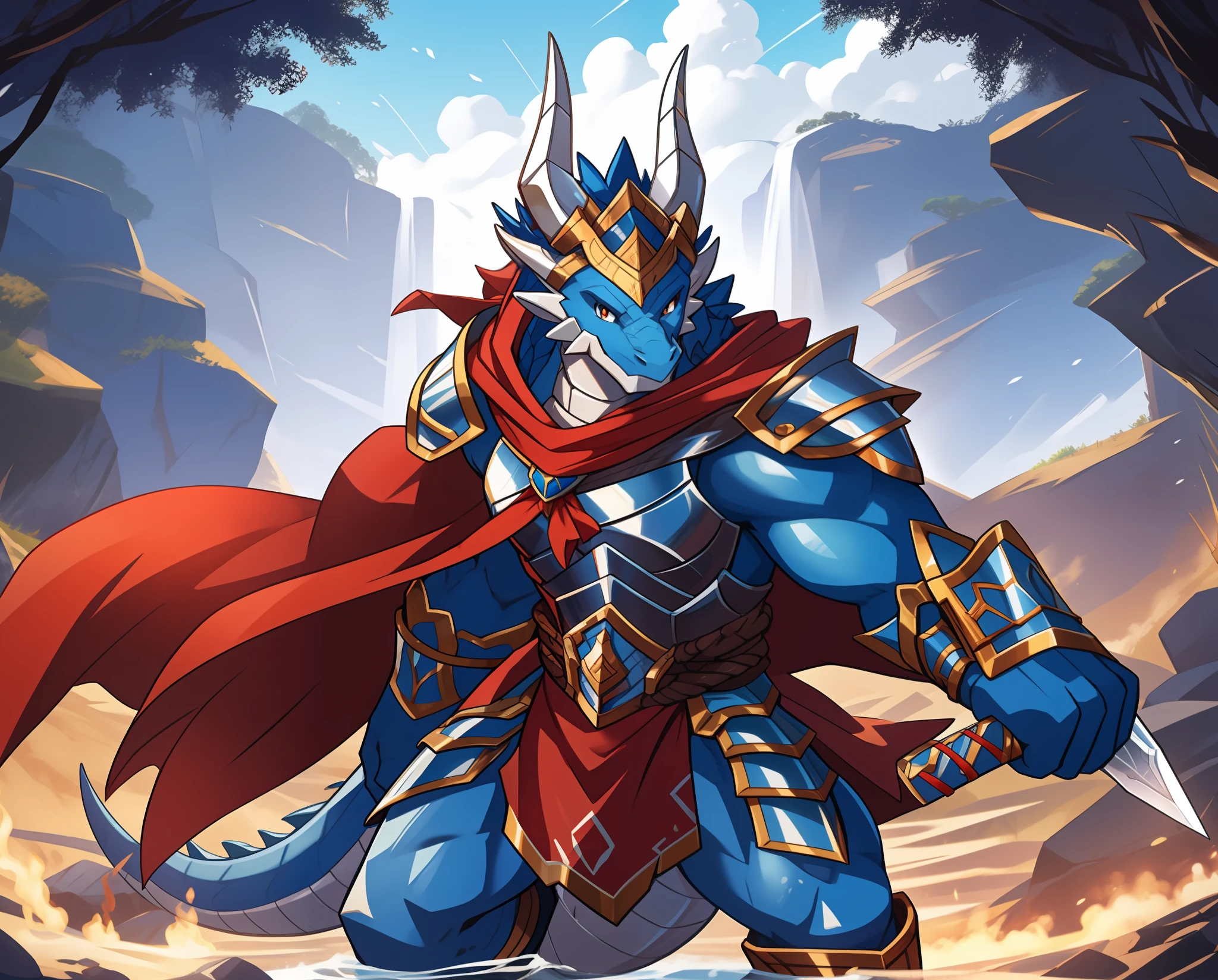 Dragon Knight, blue scales and white knight armor with a red cape, a white helm with horns and a orange tuff, shinning silver and gold sword, masterpiece, best quality