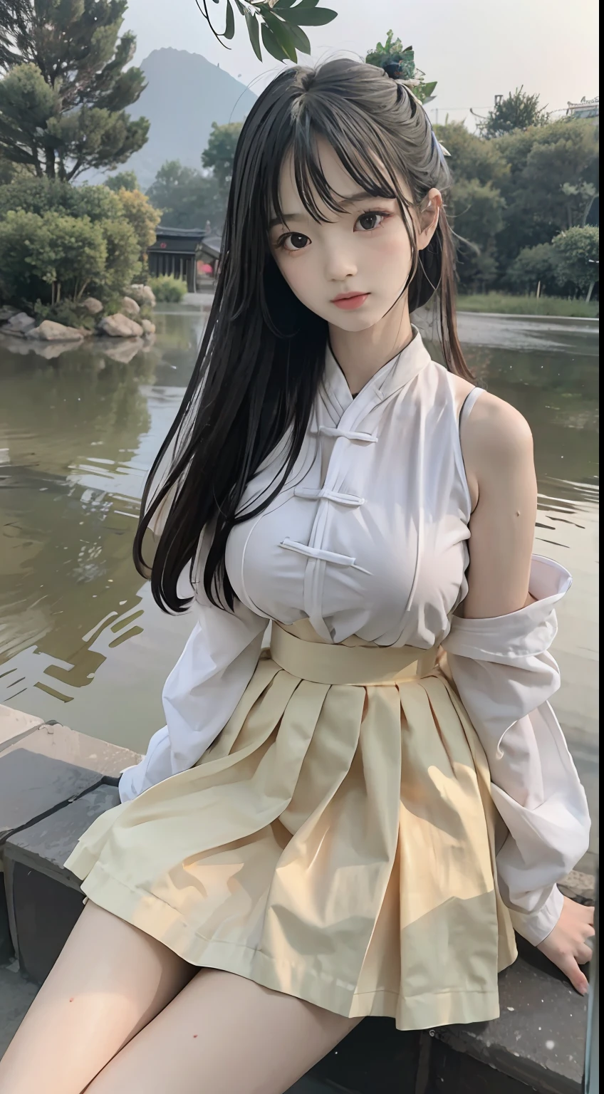 Master quality, highest quality, best picture quality, exaggerated details, a cute 8 year old asian  with a shy expression, slightly squinted eyes, adjusting her hair, long eyelashes (long hair / very, very exaggerated big breasts _  / in hanfu chinese, short skirt), posing sit in front of the camera, wet throught rain, wet breast under wear
