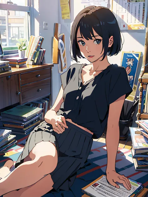 (Best quality, High resolution, Masterpiece :1.3), skirt, suzume no tojimari, short hair, sitting, girl, laydown, bedroom, books...