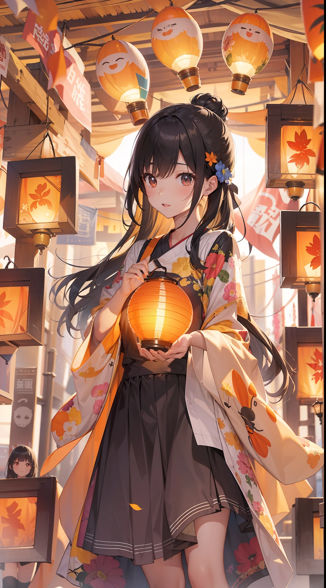 Top image quality　Original Characters、Volume Lighting、Shine black hair long hair、summer clothing、Summer Festivals、early evening、Orange sky、paper lanterns