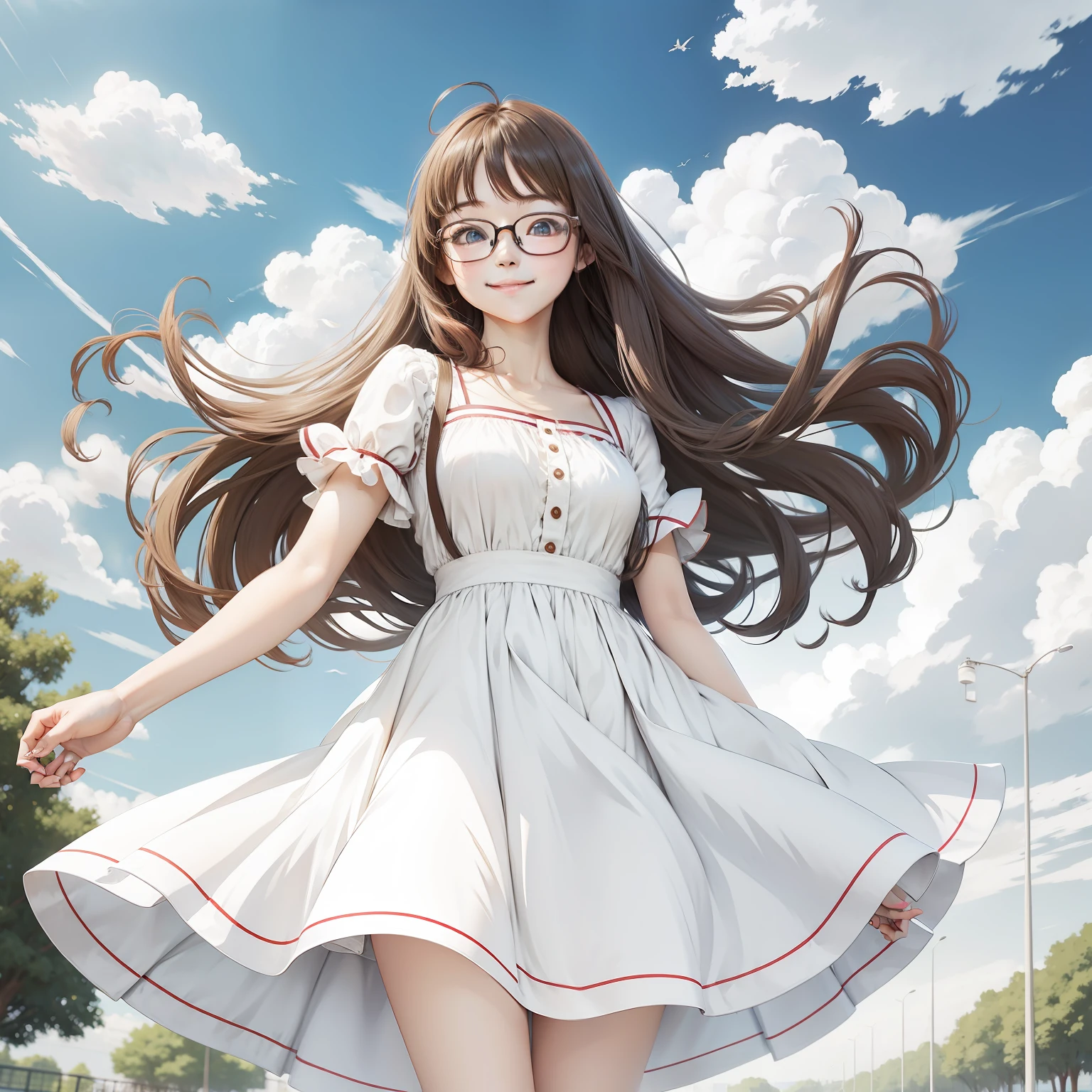 chica anime, pelo largo, anteojos, adolescente, lindo, usando vestido blanco, viento, parque, sonrisa