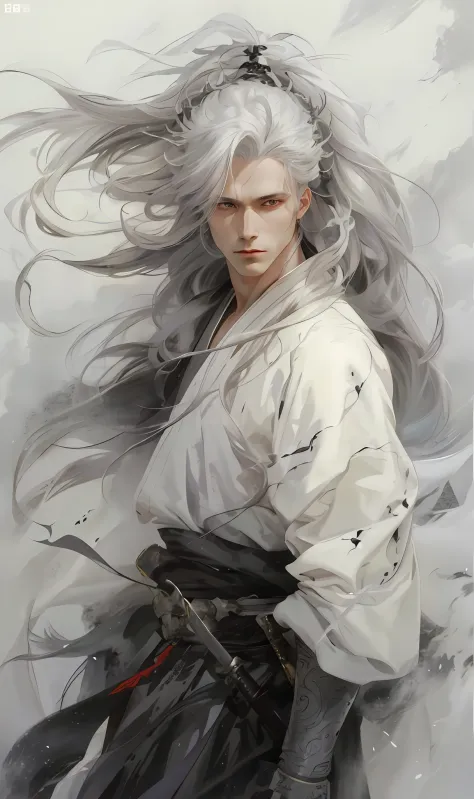 Close-up of a long haired man holding a sword, white hanfu, black embroidery, demon killer, handsome guy in art, long white hair...