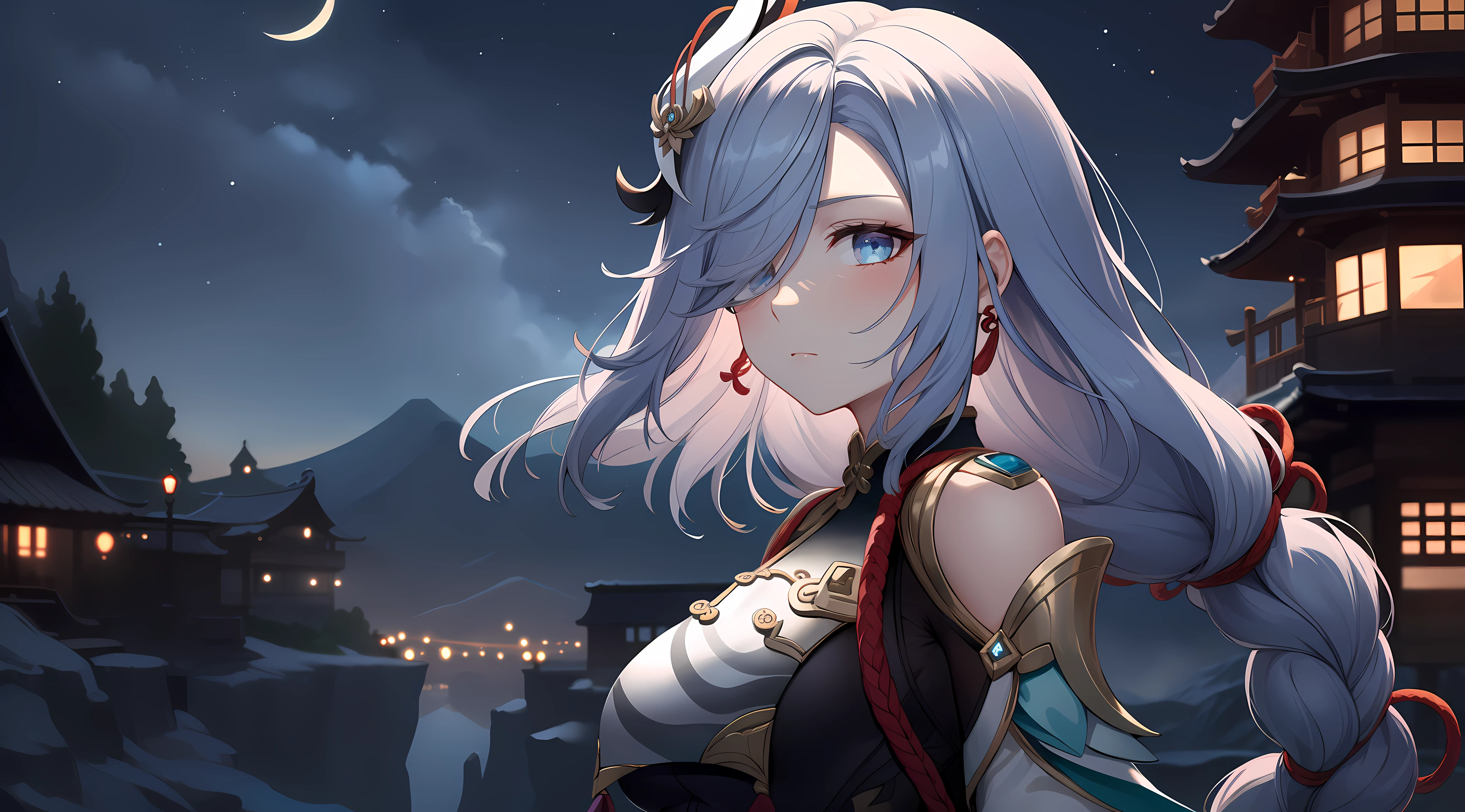 shenhedef, upper body, serious expression, blush, outdoors, night, liyue house background, dark moon sky, short hair, sky, beautiful nature surrounding near canyon, looking at viewer, mountain, moody lighting, (perfect detail eyes:1.2), glowing eyes, (long hair braid:1.2)