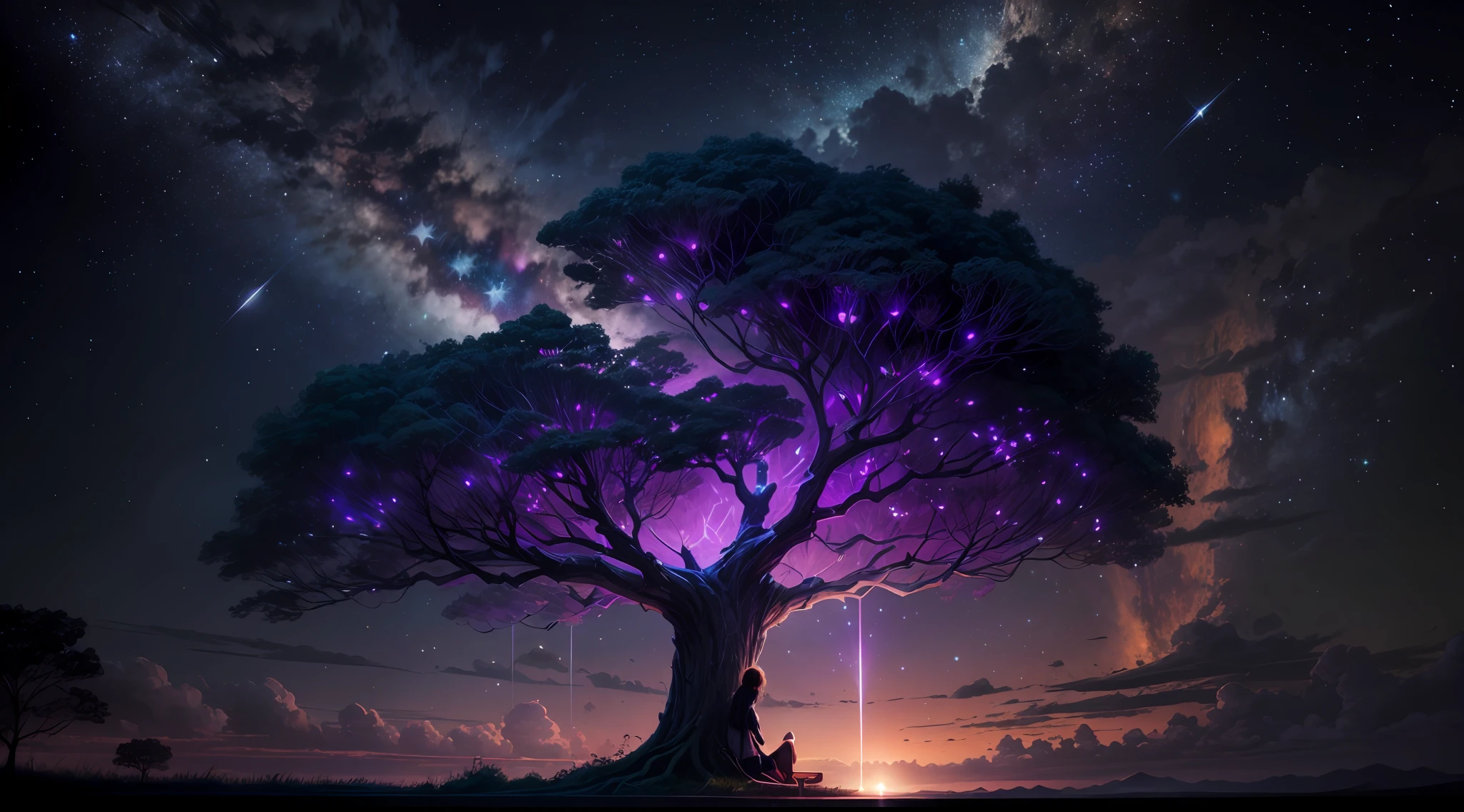 Una imagen impresionante de una formación en forma de X en el cielo nocturno., rodeado por un fascinante cielo estrellado y la inmensidad del universo. The scene features a  girl sitting under a árbol., su largo cabello fluyendo en el viento. A lo lejos, Hay un paisaje urbano con edificios iluminados, creando una hermosa silueta contra el cielo nocturno. Esta foto de alta calidad captura la magia de una Noche estrellada, evocando una sensación de asombro y tranquilidad..  octanos, cielo, estrella (cielo), paisaje, cielo estrellado, Noche, 1chica, cielo nocturno, solamente, Al aire libre, edificio, nube, vía Láctea, sentado, árbol, por el ancho, ciudad, silueta, paisaje urbano  loveestrella X ,El día de, estrella,fantasía_Noche