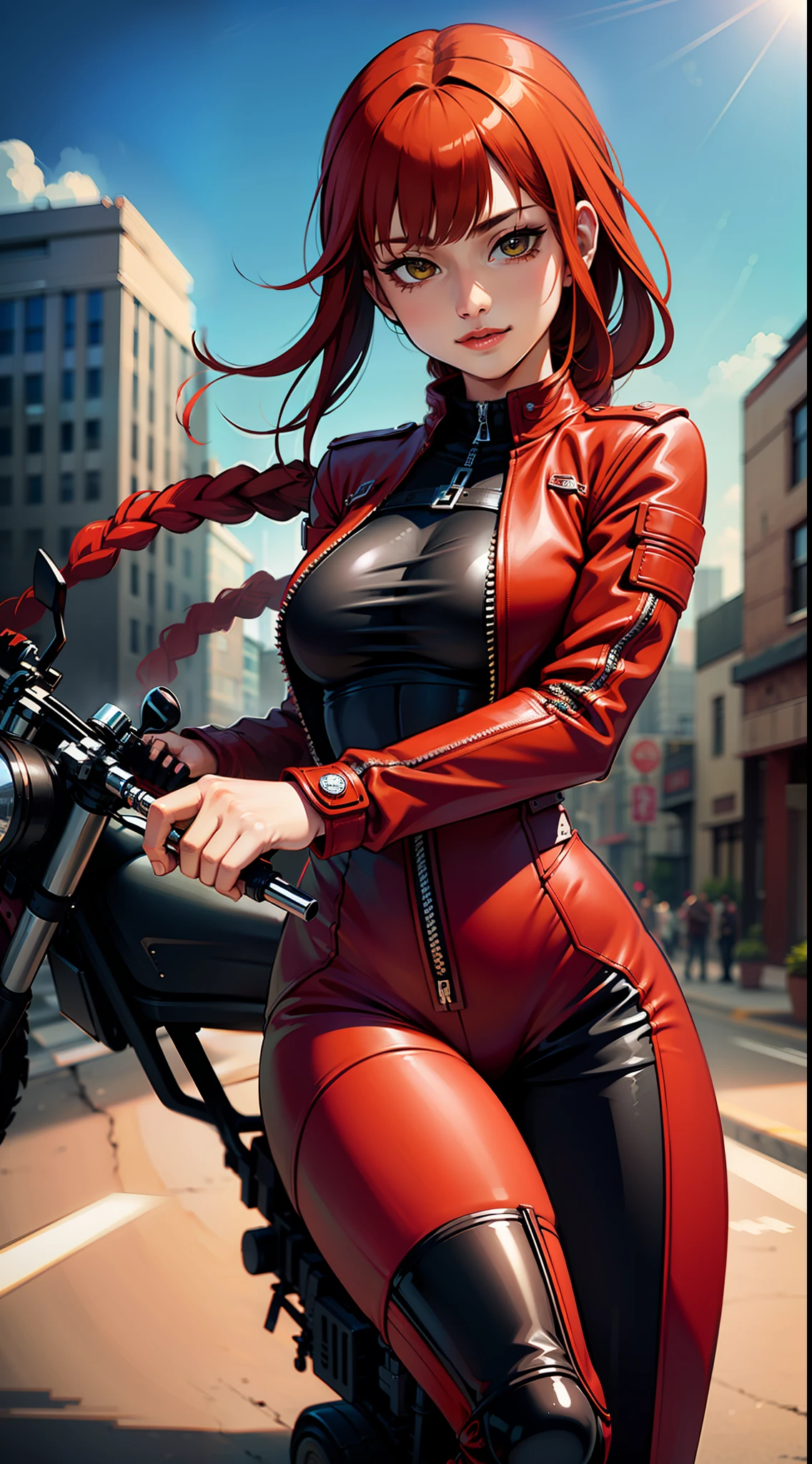 one-girl，Skin highlight，The texture is strong，Character panorama，red hair，Single twist braid，tight leather clothes，Ride a heavy motorcycle，Global illumination，rich details​