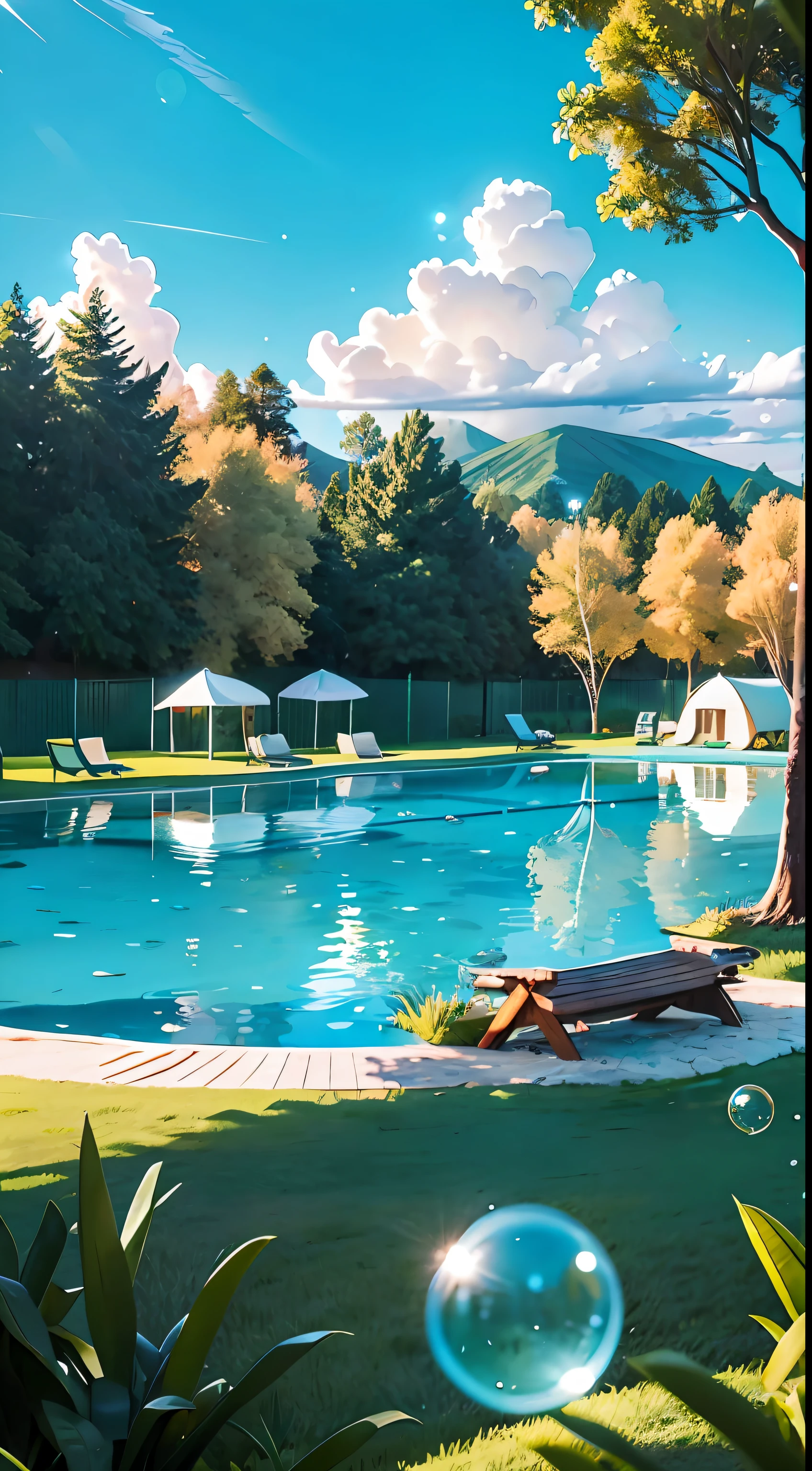 Outdoor camping，Large outdoor swimming pool，There are a lot of cute little friends playing water gun fights in the outdoor pool，dense with greenery，Three white makeshift tents，Outdoor barbecue，There is no house，Colored bubbles，landscape in background，full of sunlight，Childlike，8K，a warm color palette，and the sun was shining brightly，grassy fields，lake water，camping，Frolicking，