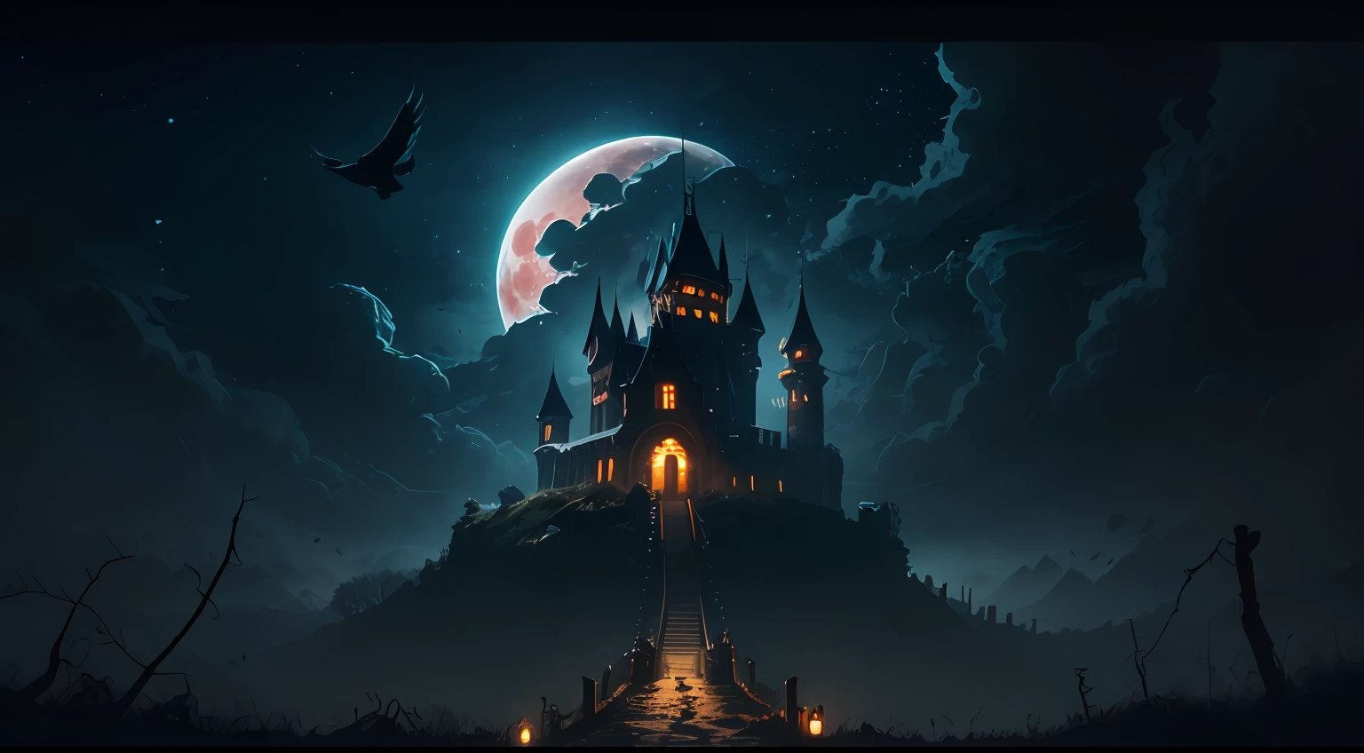 Ultra-wide field of view，Look from the bottom up，Dark castle on a moonlit night，mysterious darkness，Raven sight，Torn clouds，A werewolf looming in the shadows，Huge red moon，uncanny，shadowy，soggy，Man-eating vine，There are no lights，Black fog-wrapped tower，pays，run-down，Clear and detailed image quality，Engaging shots，Soft lighting，detail-rich，Transparent starry sky，Unique architecture，Blinking lights，Active character actions。（best qualtiy：1.4），tmasterpiece，super-fine，A detailed，acurate，（8K resolution）