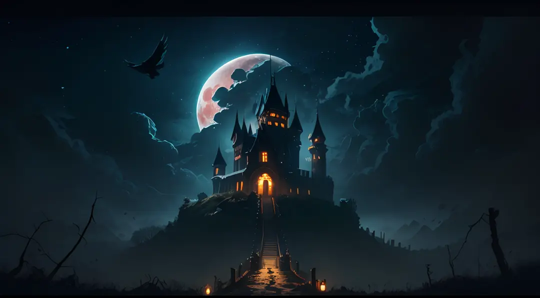 Ultra-wide field of view，Look from the bottom up，Dark castle on a moonlit night，mysterious darkness，Raven vista，Torn clouds，A we...