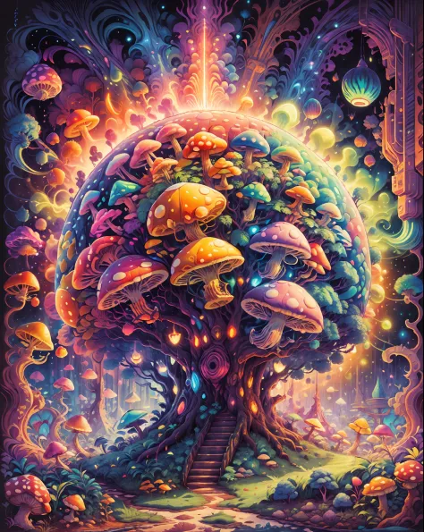 mario mushroom, vibrant colors, abstract shapes, mind-blowing scenery, energy, mystery, intricate details, psychedelic patterns ...