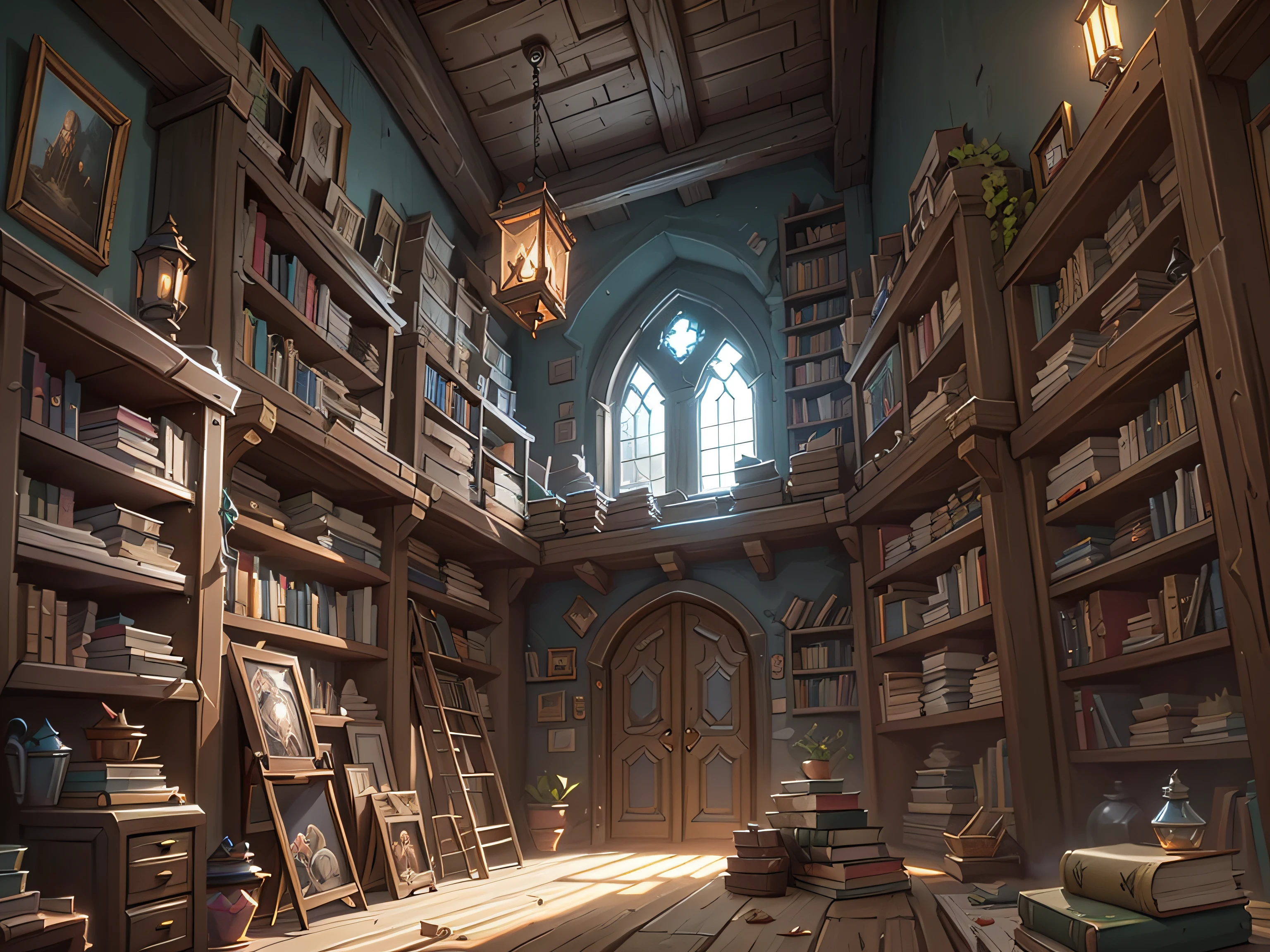 loft，Flat viewing angle，wide composition，Western medieval style，There are a lot of books on the shelves，There are windows，goods，Treasure chests，The light is dark，hearthstone concept art, heartstone original art style, hearthstone art style, concept art magical highlight，HighestQuali