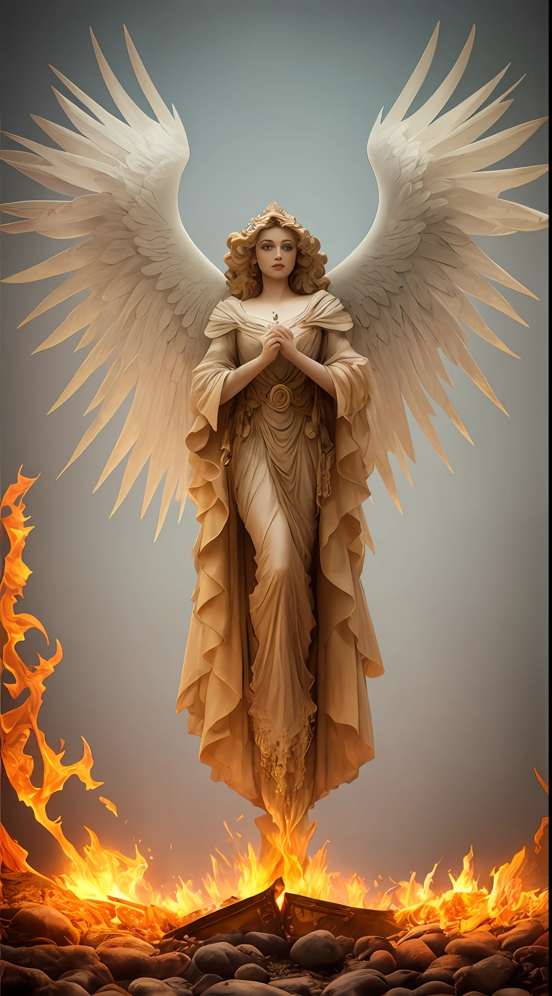 Painting of a woman with wings and a halo standing in front of a fire, with fiery golden wings de llamas, Goddess of Fire, Goddess of wrath, with fiery golden wings, appears as the goddess of fire, Sacred Fire Spell Art, tall female angel, Goddess of Fire, full - body majestic angel, Goddess of light, Artgerm Julie Bell Beeple, Holy Flame Spell, Vibrant color palette game and super intricate great shadows, matte paint, minutely detailed, fine and delicately detailed, Delicately detailed unreal engine with intricate octane, detailed background in microminutes, enhanced 3D complexities, Perfect and super detailed 8K composition, rule of thirds, motionVFX, Sony Pictures Animation, The Foundry VFX, immensely perfect, perfectly detailed, intricately defined, definitely real, Truly realistic, Realistically epic, by Satori Canton, photography by alberto seveso