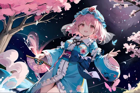 masutepiece, best quality, 1girl in, saigyouji yuyuko, butterfly, bug, solo, pink hair, hand fan, hat, cherryblossom, pink eyes,...