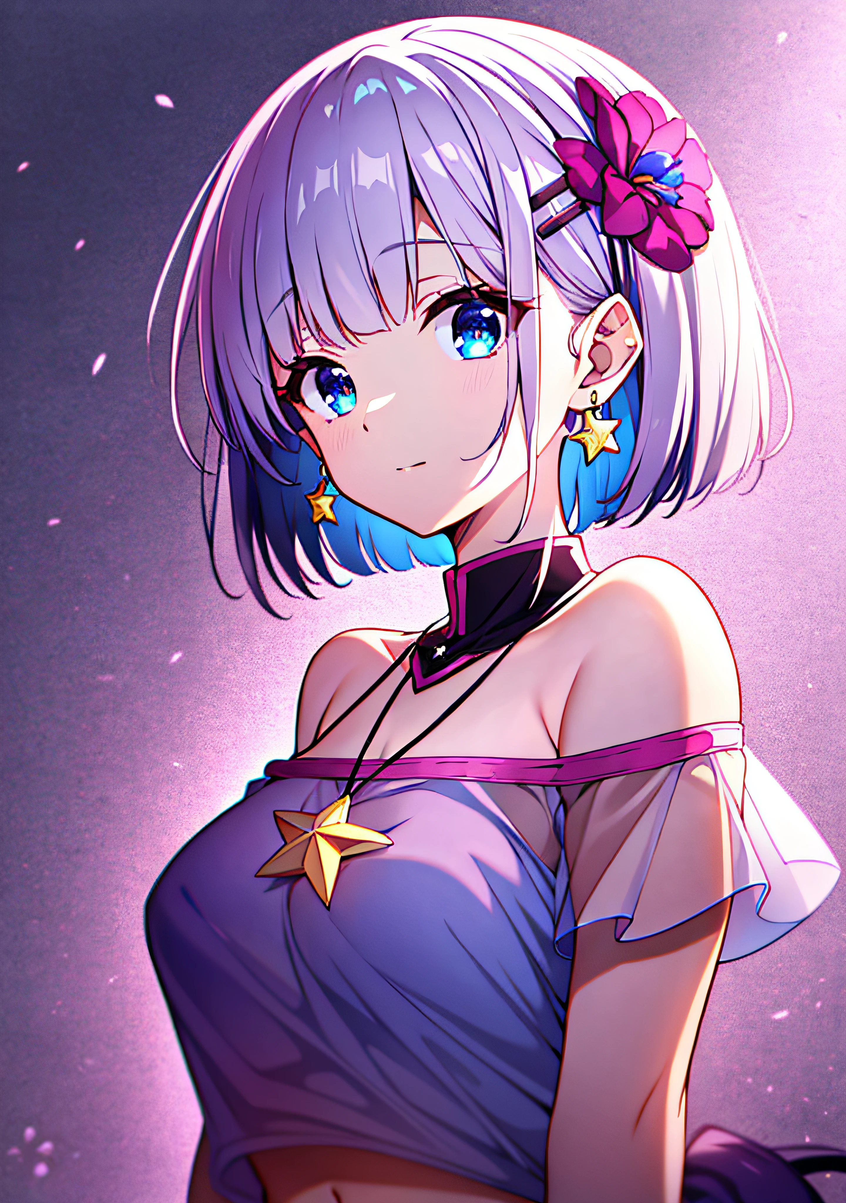 （（tmasterpiece））， best qualtiy， illustratio， The is very detailed， Off_Shoulder，dampness， （see through_White_Colorful_Lettered_tee shirt），Silver Bob hair，Pink_flower_hair pin，Blue_Eyes，navel，The Arm_arms  cuffs，Star pendant earrings，pleated_Miniskirt，Gorgeous light and shadow，dynamic angle