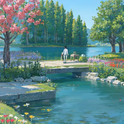 flowers,garden,lake