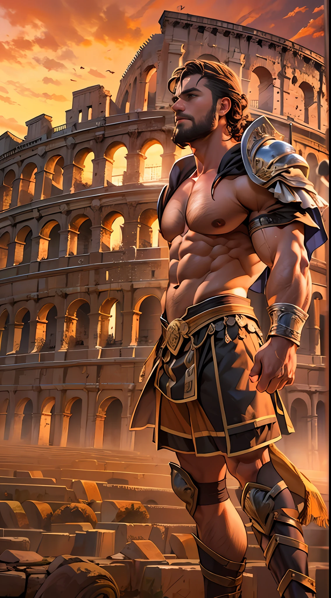 Mighty gladiator, chest uncovered, lower body revealed from thighs to ...