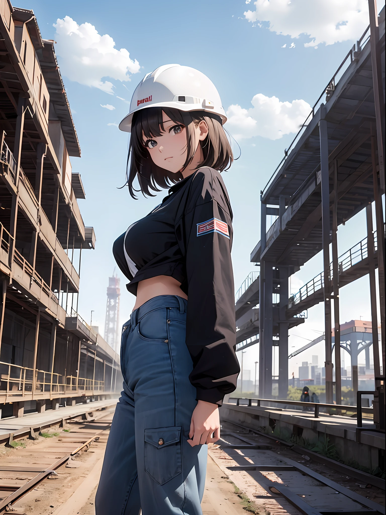 The main thing is the landscape, Adult girl standing,  complex construction yard, Work clothes, helmets, crane, steel frame, (masterful technique), animetic, Solo, (High quality), ((MastetPiece)), ultra-detailliert, (Tight breasts), (Pretty Hip),8k