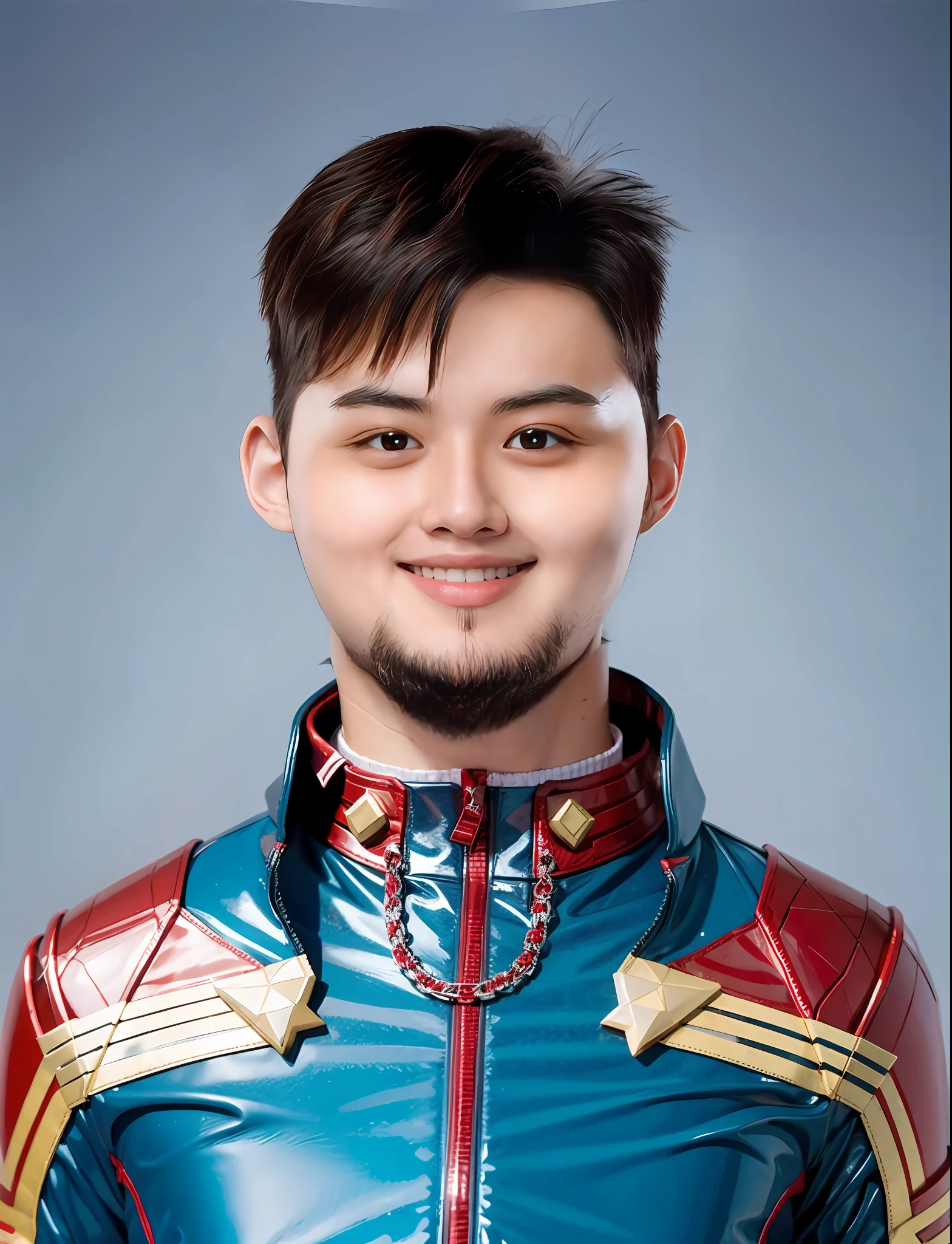 a high school boy，Wearing PVC Captain Marvel costume，greybackground