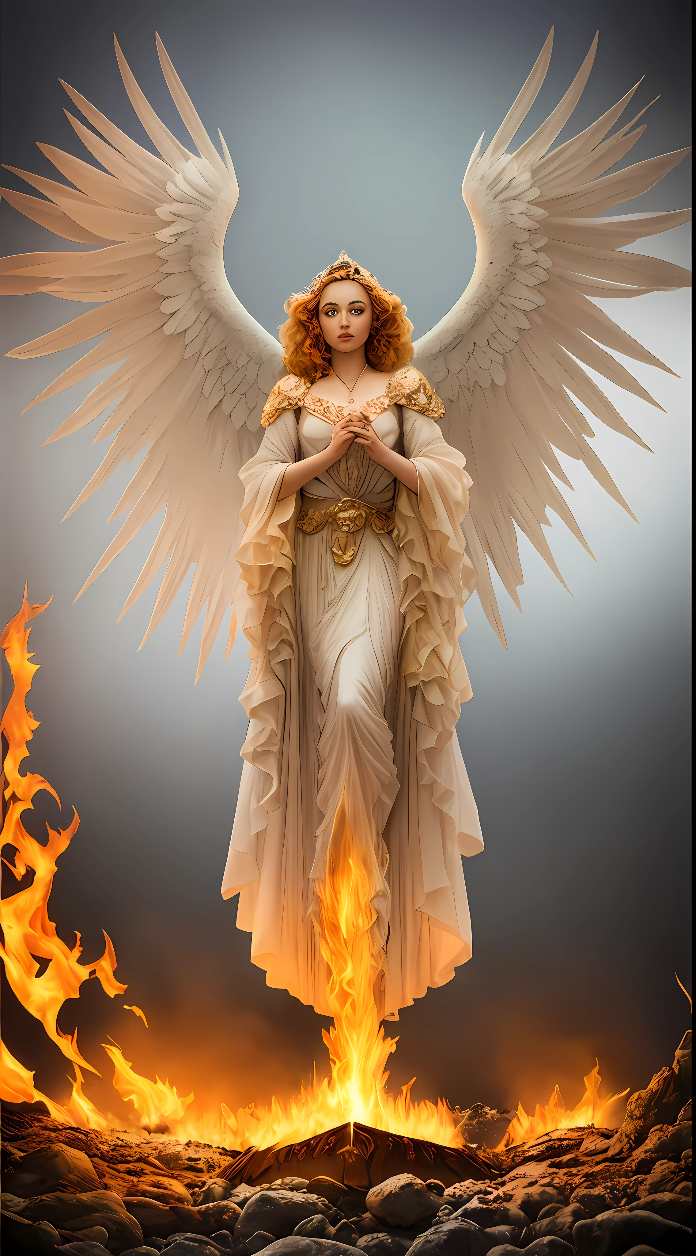 Pintura de una mujer con alas y un halo parada frente a un fuego, con ardientes alas doradas de llamas, Diosa del Fuego, Diosa de la ira, con ardientes alas doradas, aparece como la diosa del fuego, Arte del hechizo del fuego sagrado, ángel femenino alto, Diosa del Fuego, ángel majestuoso de cuerpo entero, Diosa de la Luz, Artgerm Julie Bell Beeple, Hechizo de llama sagrada, Juego de paleta de colores vibrantes y sombras geniales súper intrincadas., pintura mate, minuciosamente detallado, fino y delicadamente detallado, motor irreal delicadamente detallado con octanaje intrincado, fondo detallado en microminutos, complejidades 3D realzadas, Composición 8K perfecta y súper detallada, regla de los tercios, movimientoVFX, Animación de imágenes de Sony, Los efectos visuales de la fundición, inmensamente perfecto, perfectamente detallado, intrincadamente definido, definitivamente real, Verdaderamente realista, Realistamente épico, por Satori Canton, fotografía de alberto seveso