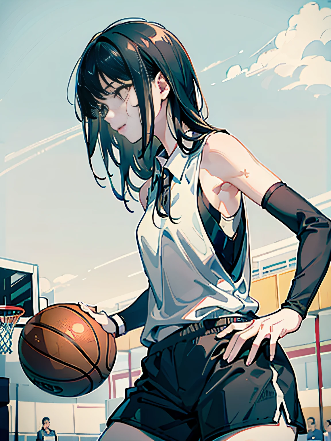 1girl, (solo:1.2), ((masterpiece)), (shadow), [slim], (small breasts), (thick lines), ((sharp focus)), focused, pale skin, ((detailed eyes)), (basketball uniform:1.3), armpits, exterior, basketball court, ring, black hair, ((long hair)), scars on face, (sweat), wristbands, shorts, bare arms