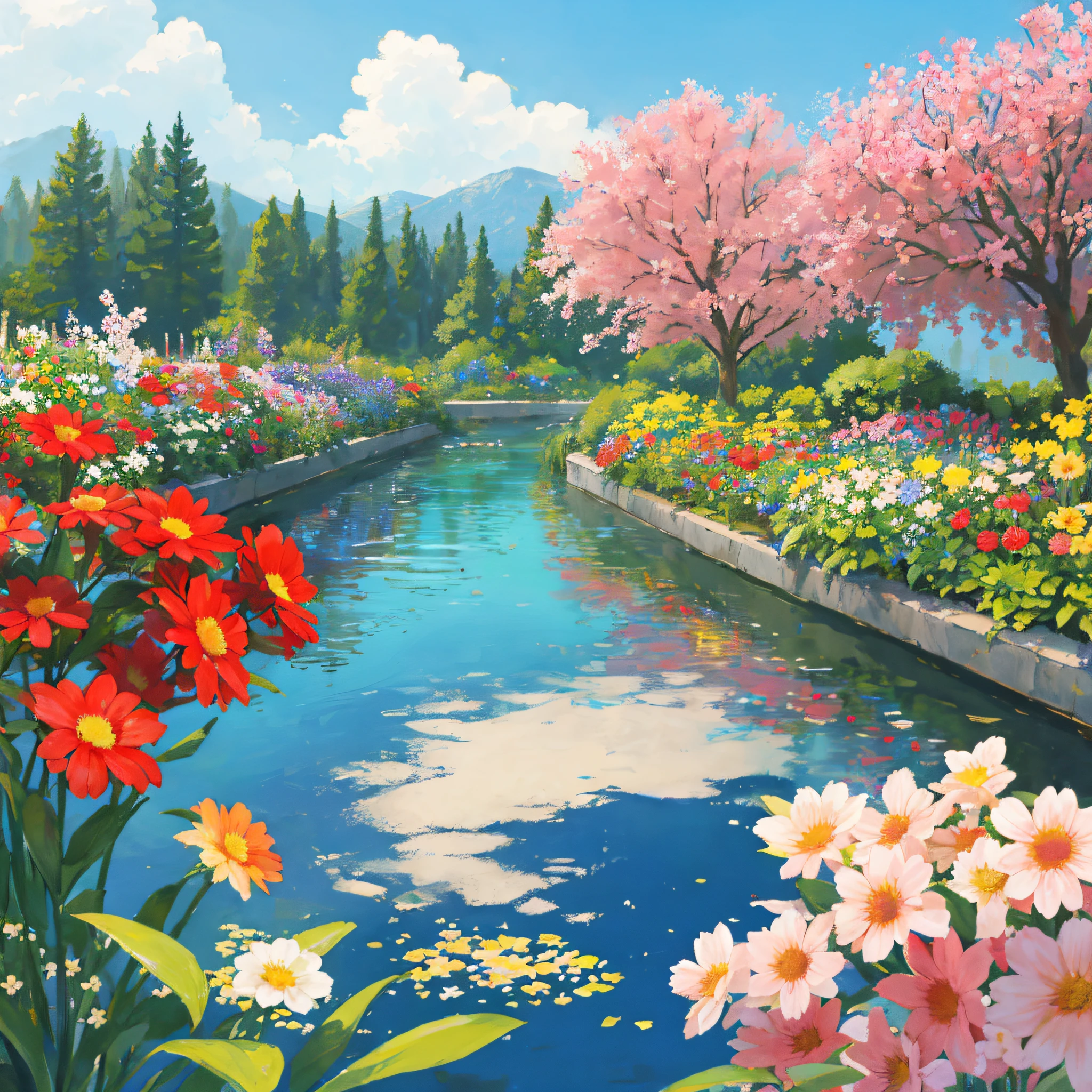 flowers,garden,lake