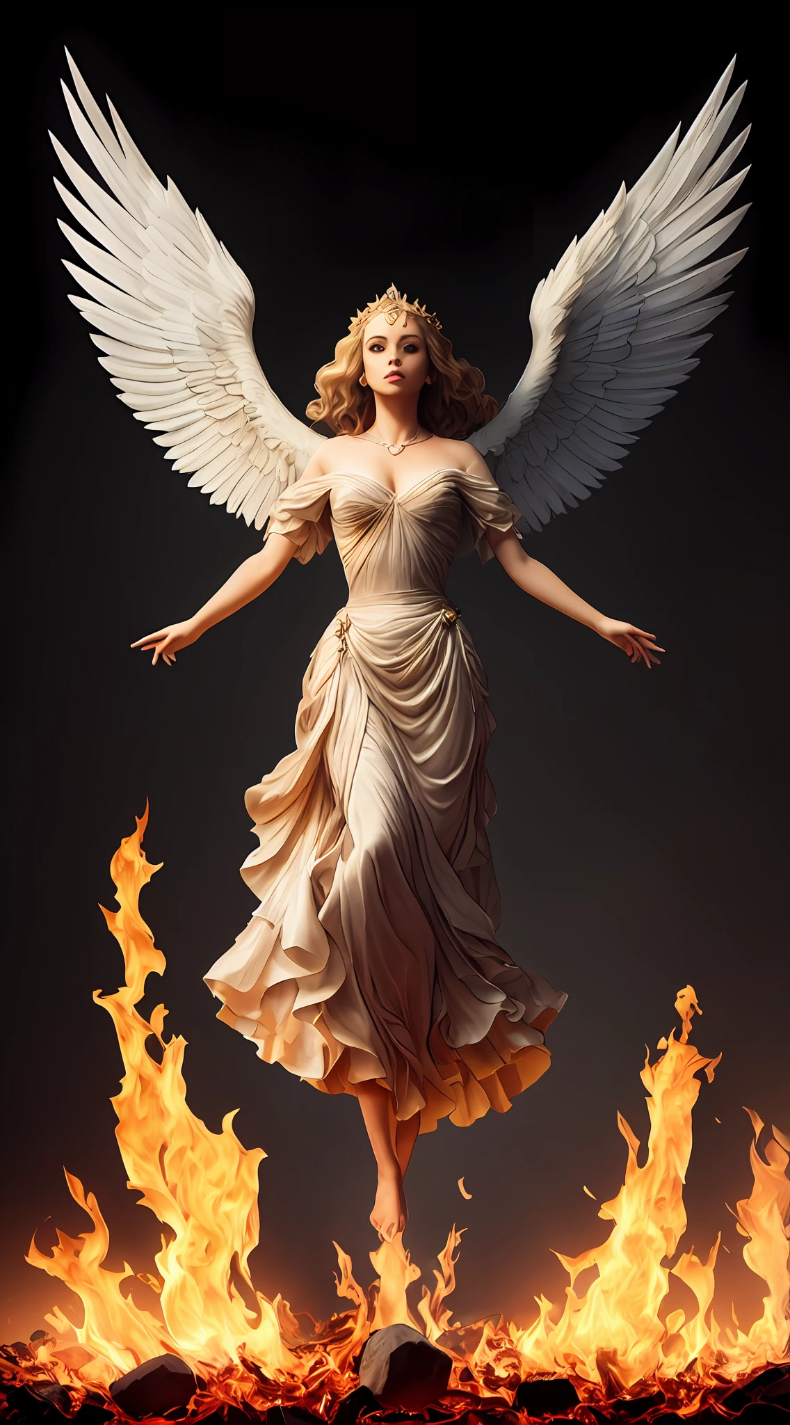 Картина женщины с крыльями и нимбом, стоящей перед огнем., с огненными золотыми крыльями de llamas, Богиня Огня, Богиня гнева, с огненными золотыми крыльями, появляется как богиня огня, Искусство заклинания священного огня, высокая женщина-ангел, Богиня Огня, величественный ангел в полный рост, Богиня света, Артгерм Джули Белл Бипл, Заклинание Священного Пламени, Яркая игра цветовой палитры и суперзамысловатые великолепные тени., Матовая краска, детально подробный, тонко и деликатно подробно, Детализированный нереальный двигатель со сложным октановым числом, подробная информация в микроминутах, повышенная сложность 3D, Идеальная и сверхдетализированная композиция 8K, Правило третей, движениеVFX, Sony Pictures Анимация, Визуальные эффекты Литейного завода, чрезвычайно совершенный, идеально подробный, сложно определенный, определенно настоящий, Действительно реалистично, Реально эпично, от Сатори Кантон, фотография Альберто Севесо
