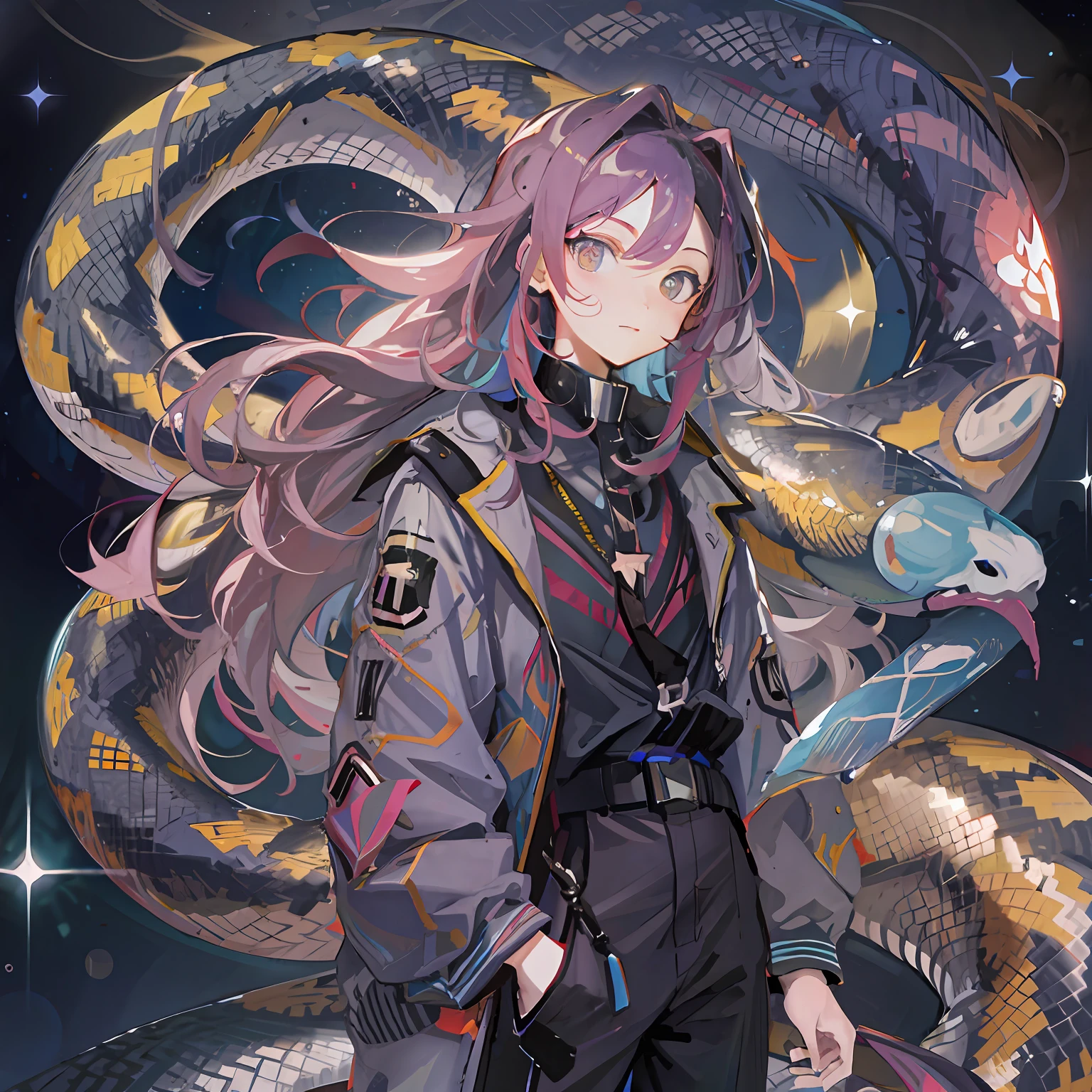 Anime girl with a snake and a snake on her shoulder - SeaArt AI