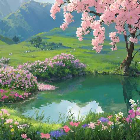 flowers,garden,lake