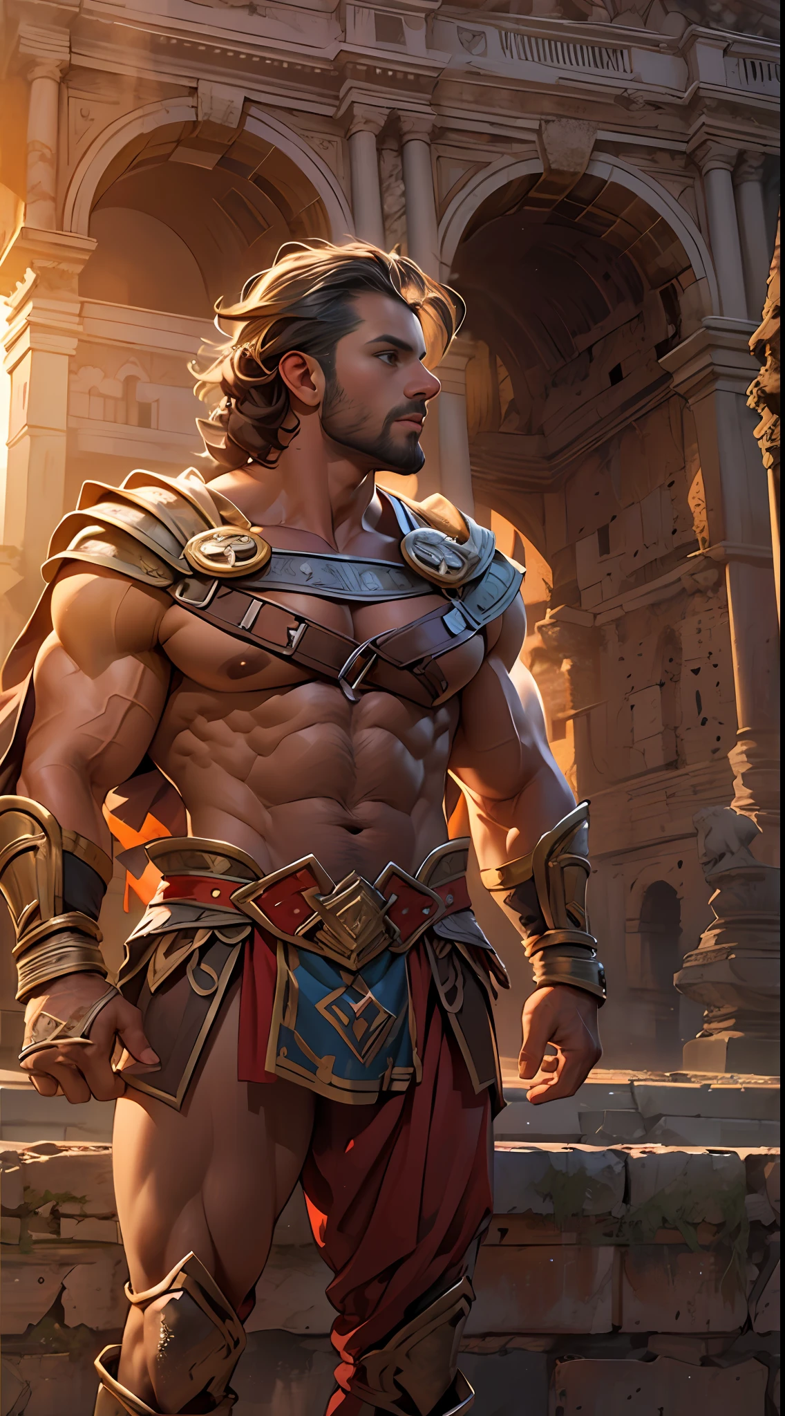 Mighty gladiator, chest uncovered, lower body revealed from thighs to feet, cascading long curls, detailed muscular physique, lifelike depiction, 4K resolution. Background: Colosseum during a spectacular sunset,32k uhd, best quality, masterpiece, super detail, high details