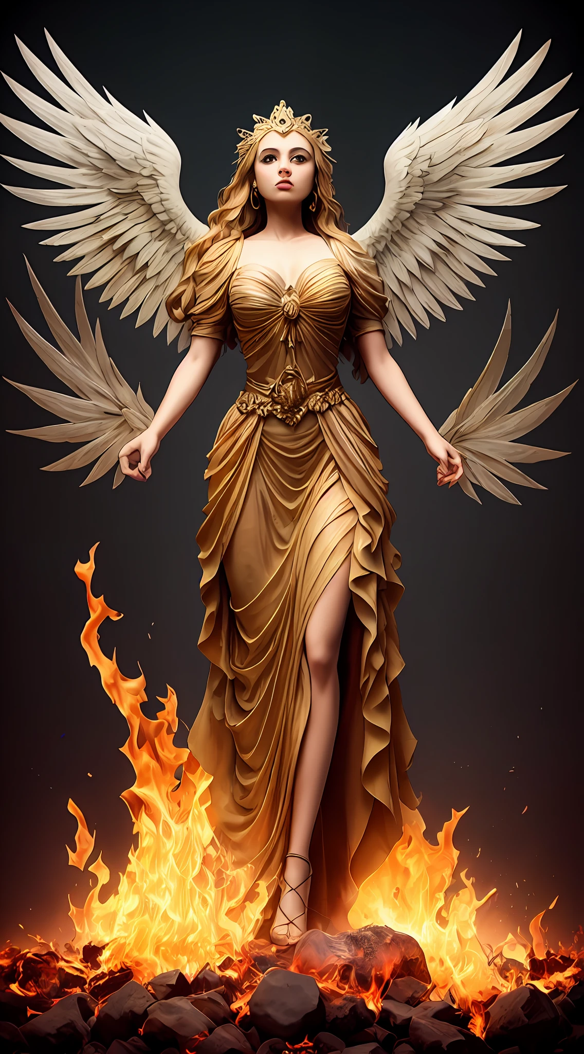 Pintura de una mujer con alas y un halo parada frente a un fuego, con ardientes alas doradas de llamas, Diosa del Fuego, Diosa de la ira, con ardientes alas doradas, aparece como la diosa del fuego, Arte del hechizo del fuego sagrado, tall female angel, Diosa del Fuego, full - body majestic angel, Diosa de la Luz, Artgerm Julie Bell Beeple, Hechizo de llama sagrada, Vibrant color palette game and super intricate great shadows, pintura mate, minuciosamente detallado, fino y delicadamente detallado, motor irreal delicadamente detallado con octanaje intrincado, fondo detallado en microminutos, complejidades 3D realzadas, Perfect and super detailed 8K composition, regla de los tercios, motionVFX, Sony Pictures Animation, The Foundry VFX, inmensamente perfecto, perfectamente detallado, intrincadamente definido, definitivamente real, Verdaderamente realista, Realistically epic, por Satori Canton, photography by alberto seveso