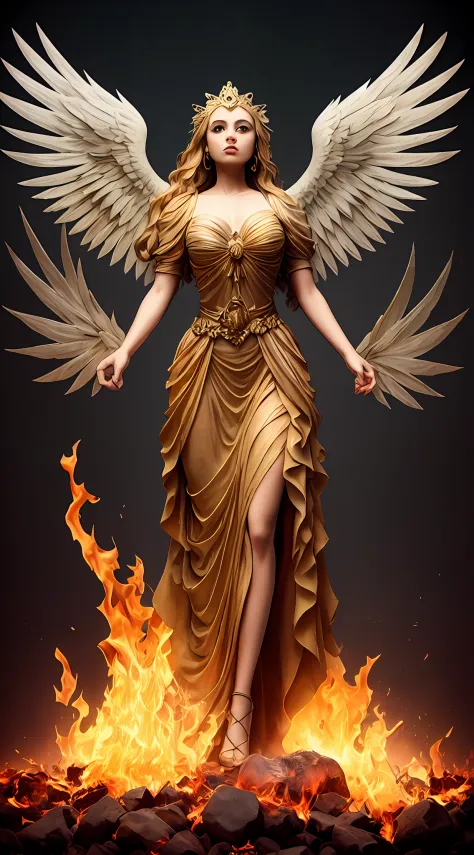 Pintura de una mujer con alas y un halo parada frente a un fuego, con ardientes alas doradas de llamas, Diosa del Fuego, Diosa d...
