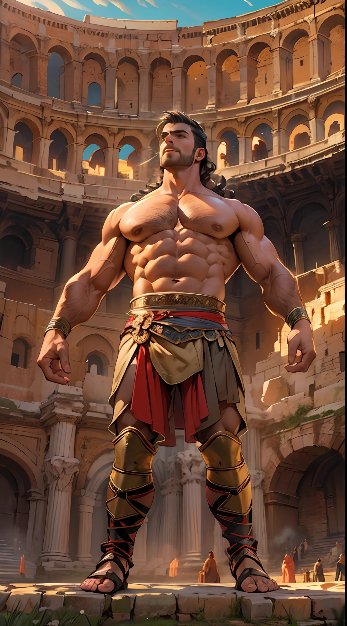 Mighty gladiator, chest uncovered, lower body revealed from thighs to feet, cascading long curls, detailed muscular physique, lifelike depiction, 4K resolution. Background: Colosseum during a spectacular sunset,32k uhd, best quality, masterpiece, super detail, high details