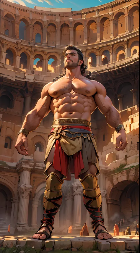 Mighty gladiator, chest uncovered, lower body revealed from thighs to feet, cascading long curls, detailed muscular physique, li...