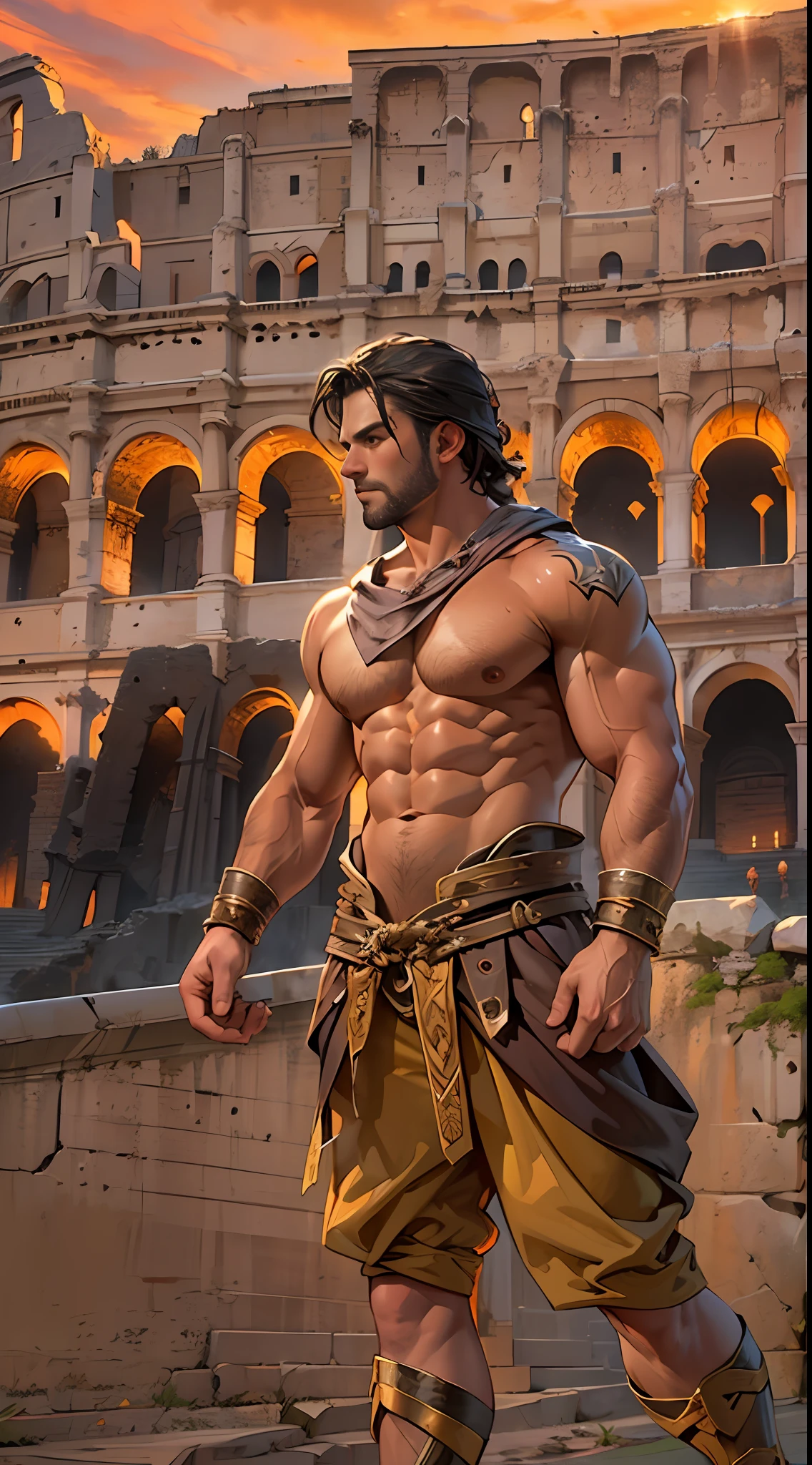 Mighty gladiator, chest uncovered, lower body revealed from thighs to ...