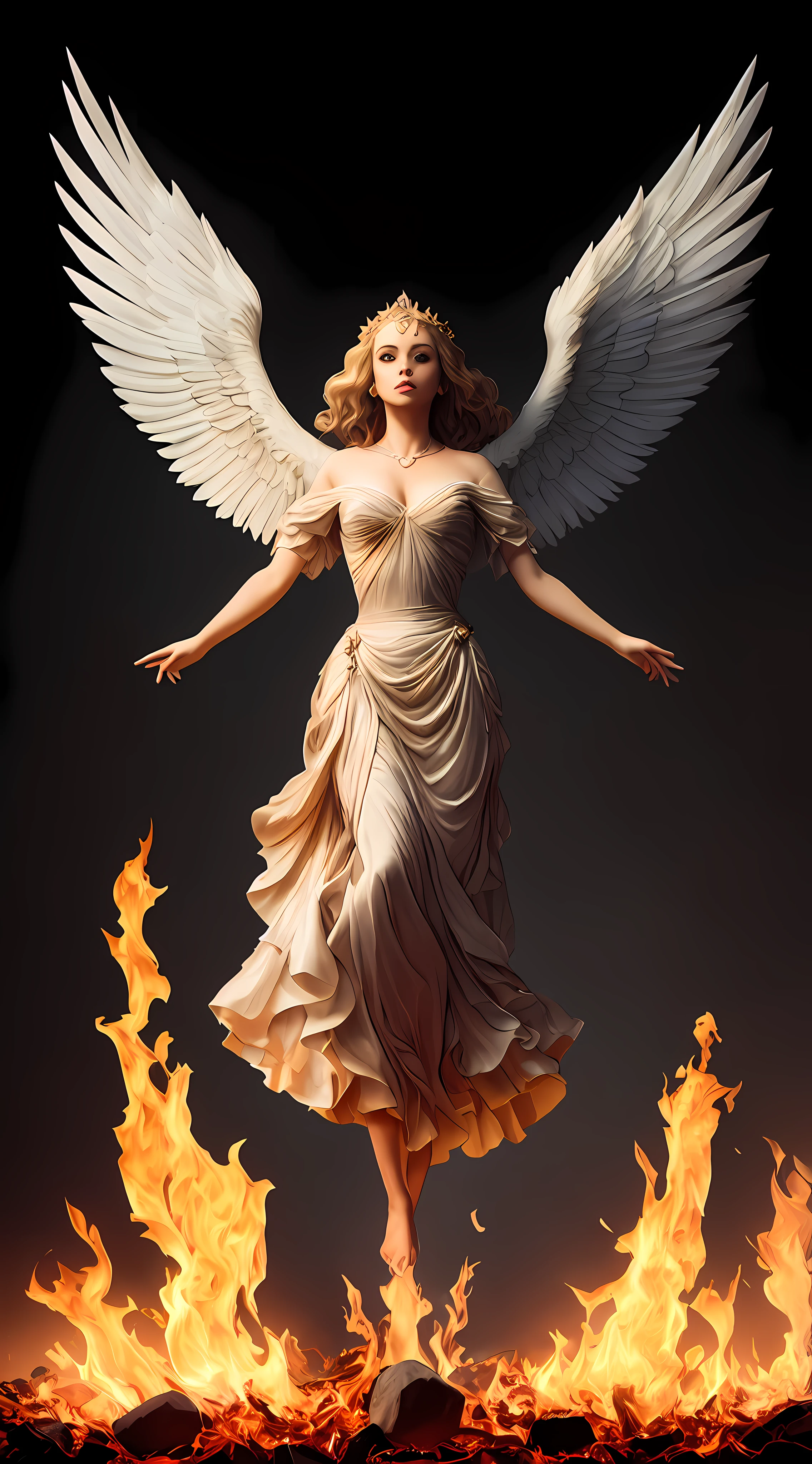 Pintura de una mujer con alas y un halo parada frente a un fuego, con ardientes alas doradas de llamas, Diosa del Fuego, Diosa de la ira, con ardientes alas doradas, aparece como la diosa del fuego, Arte del hechizo del fuego sagrado, ángel femenino alto, Diosa del Fuego, ángel majestuoso de cuerpo entero, Diosa de la Luz, Artgerm Julie Bell Beeple, Hechizo de llama sagrada, Juego de paleta de colores vibrantes y sombras geniales súper intrincadas., pintura mate, minuciosamente detallado, fino y delicadamente detallado, motor irreal delicadamente detallado con octanaje intrincado, fondo detallado en microminutos, complejidades 3D realzadas, Composición 8K perfecta y súper detallada, regla de los tercios, movimientoVFX, Animación de imágenes de Sony, Los efectos visuales de la fundición, inmensamente perfecto, perfectamente detallado, intrincadamente definido, definitivamente real, Verdaderamente realista, Realistamente épico, por Satori Canton, fotografía de alberto seveso