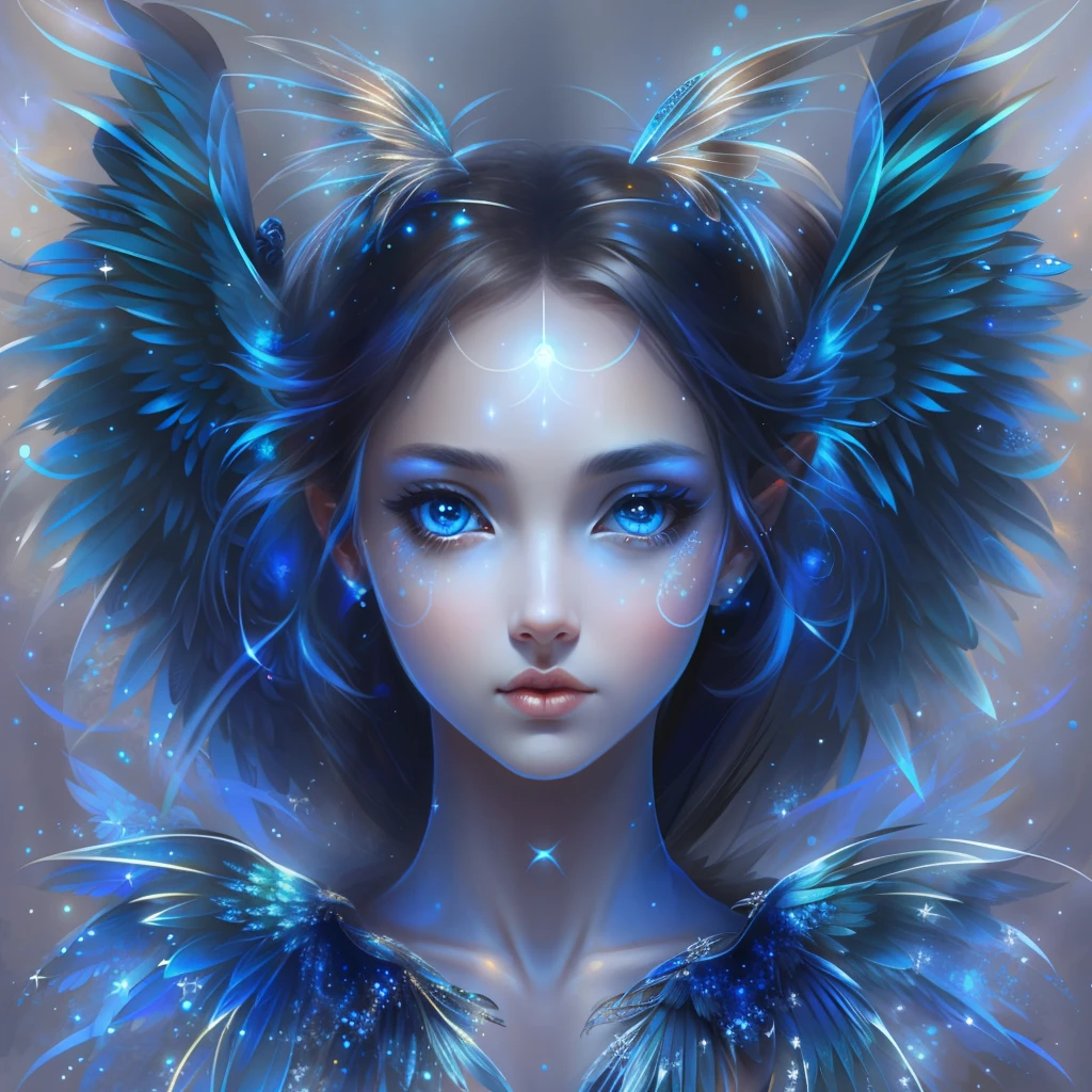 A female angel，Beautiful face，Blue wings grow on the back、with black background，tmasterpiece，best qualtiy