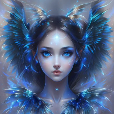 A female angel，Beautiful face，Blue wings grow on the back、with black background，tmasterpiece，best qualtiy