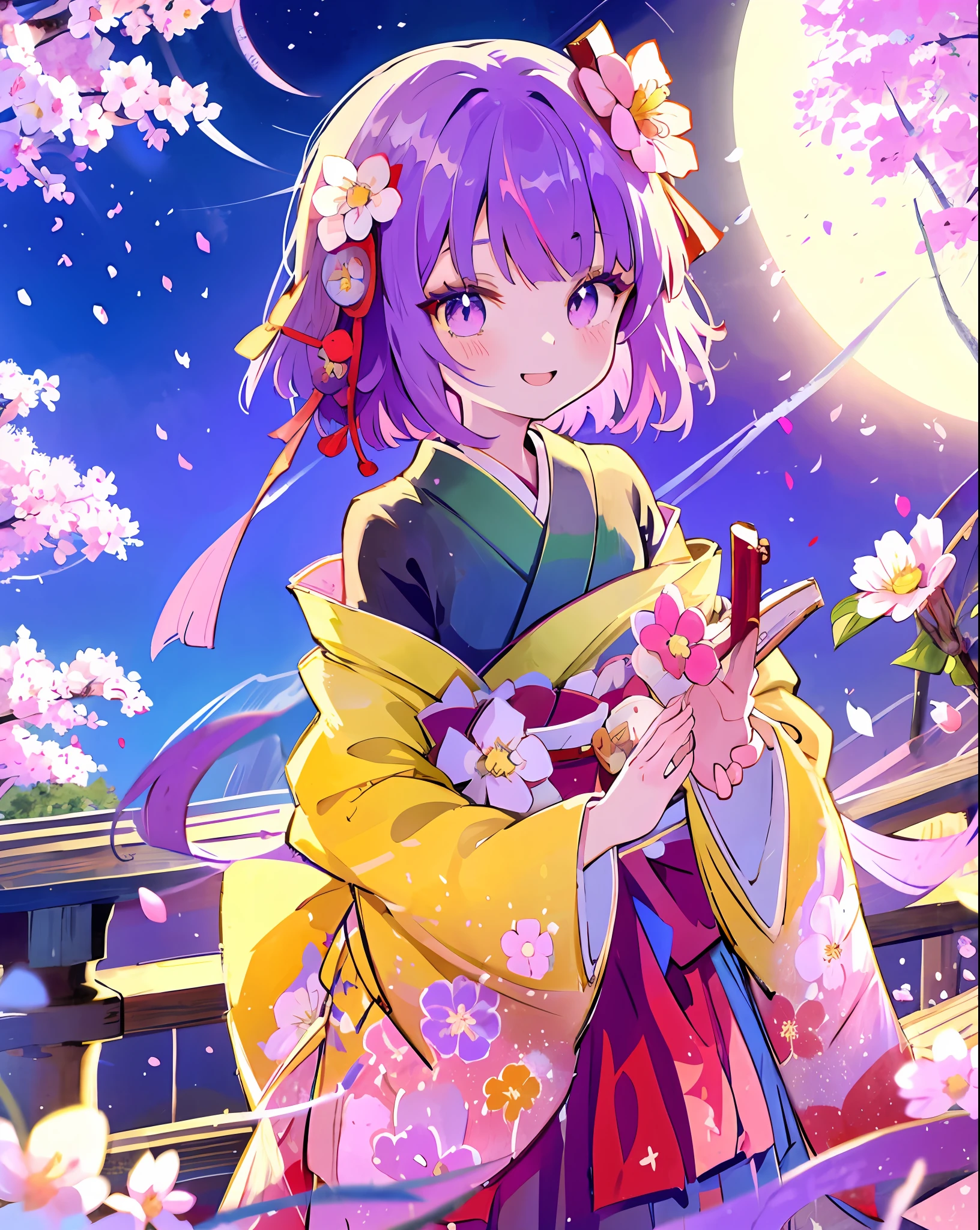 hieda no akyuu、1girl in、common、solo、a moon、1 Hour Drawing Challenge、fullmoon、wide sleeves、natta、Look at viewers、cherry trees、long-sleeve、a smile、flower petals、Yellow kimono、