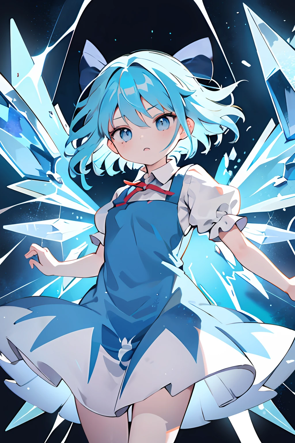 detailed background, masterpiece, best quality, cirno, crystal wings, blue hair, blue eyes, puffy short sleeves,Release Skills,Frustration.